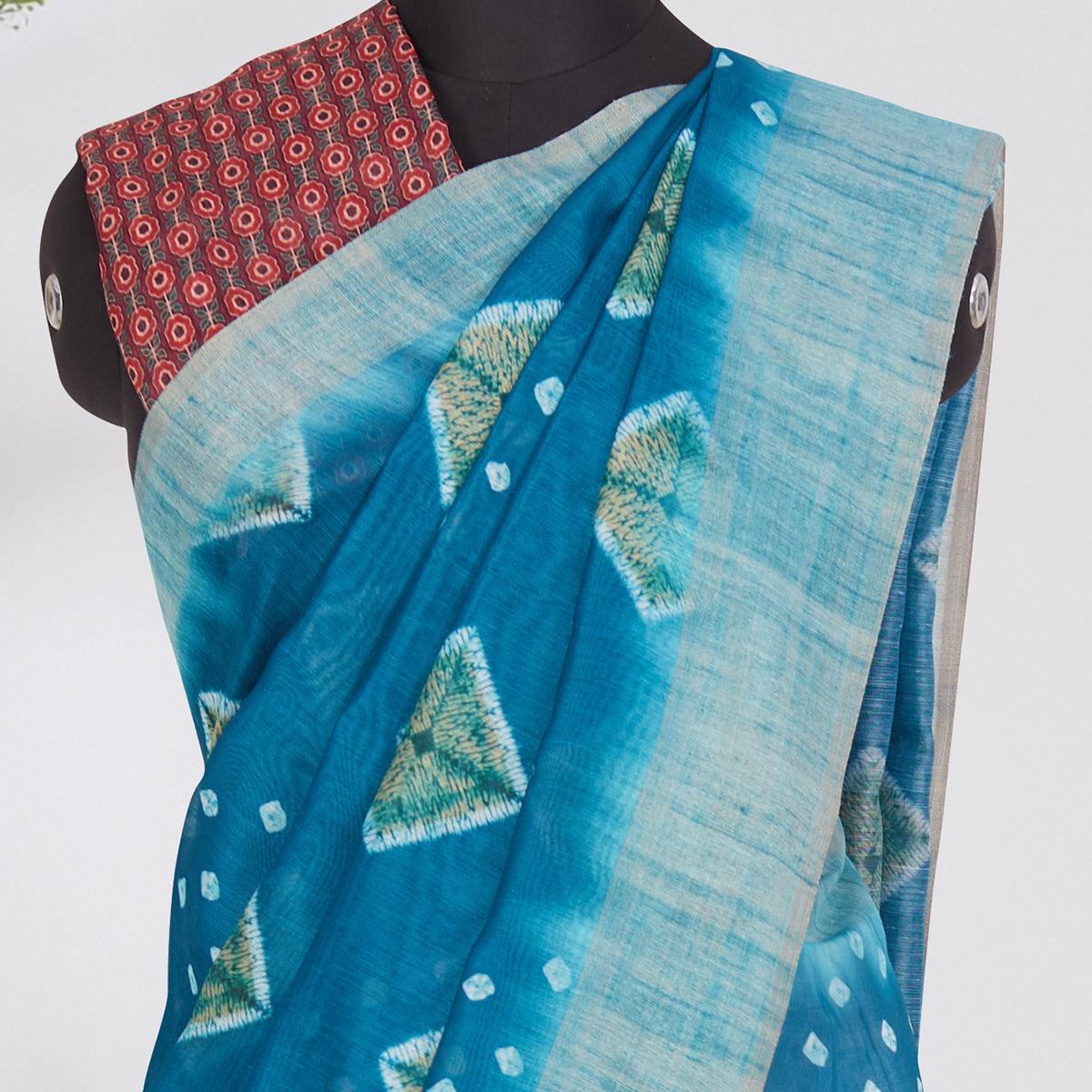Adorning Blue Coloured Casual Wear Printed Linen Saree - Peachmode
