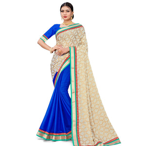 Adorning Blue-Cream Colored party Wear Georgette Half-Half Saree - Peachmode