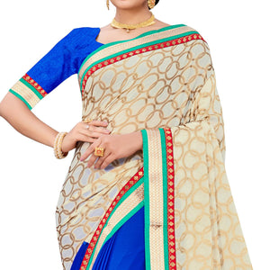 Adorning Blue-Cream Colored party Wear Georgette Half-Half Saree - Peachmode