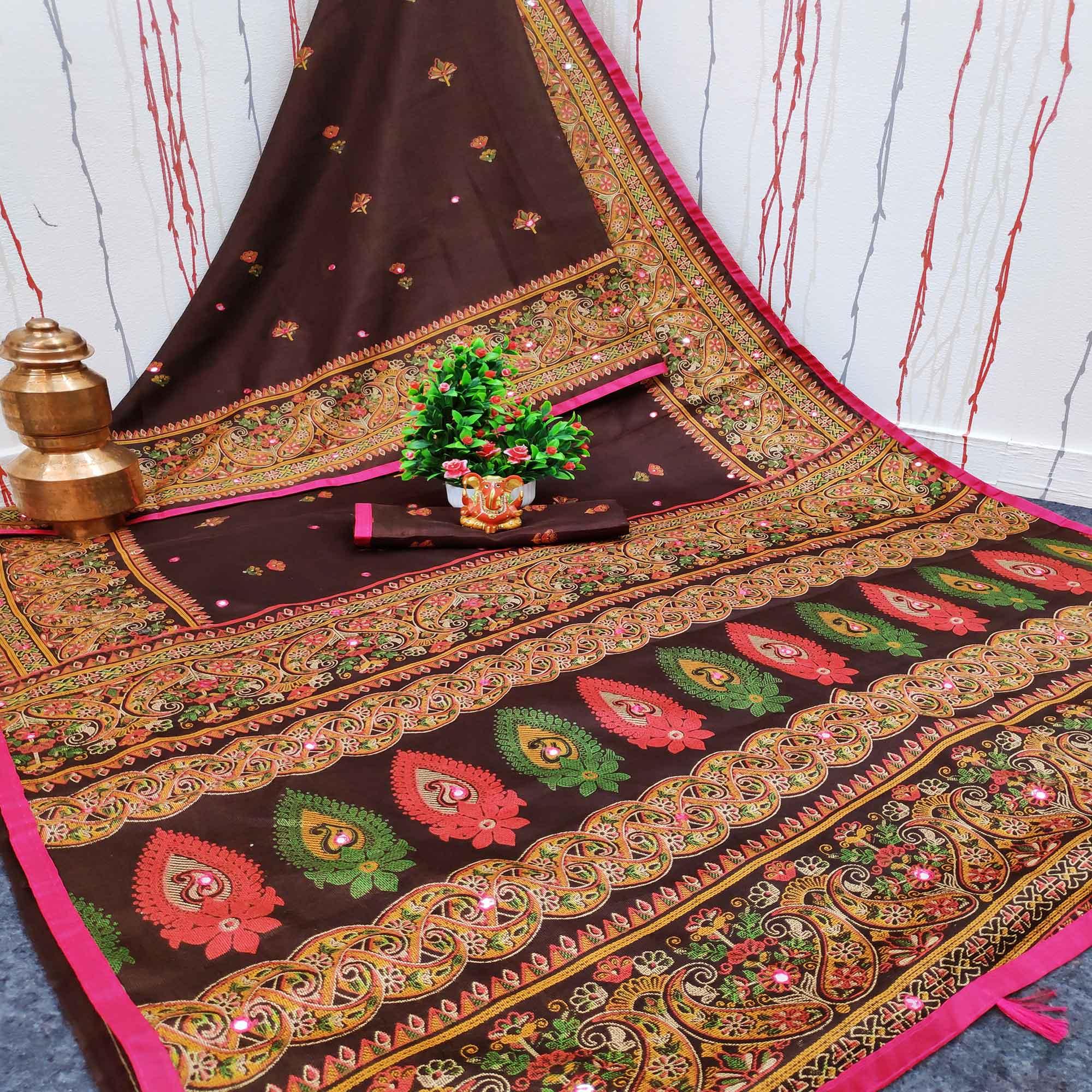Adorning Brown Colored Festive Wear Woven Linen Silk Saree - Peachmode