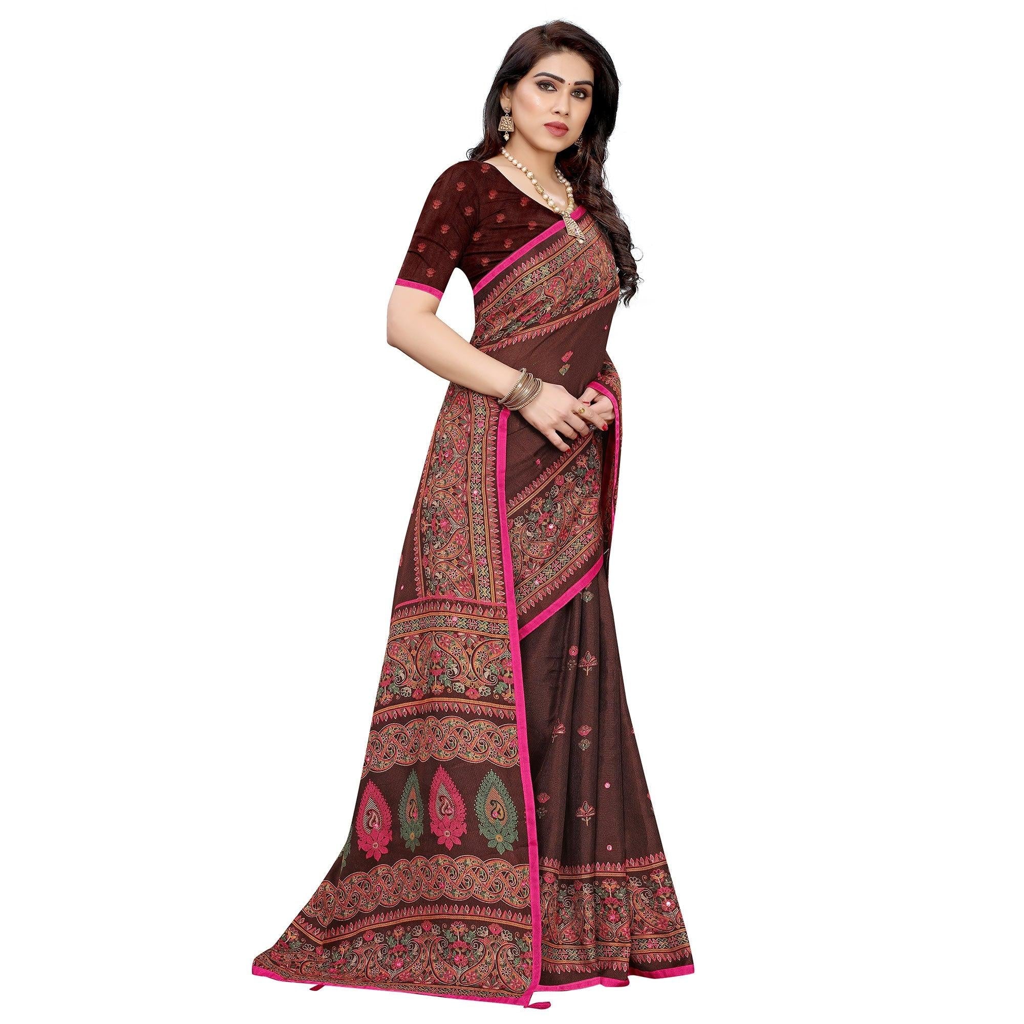 Adorning Brown Colored Festive Wear Woven Linen Silk Saree - Peachmode
