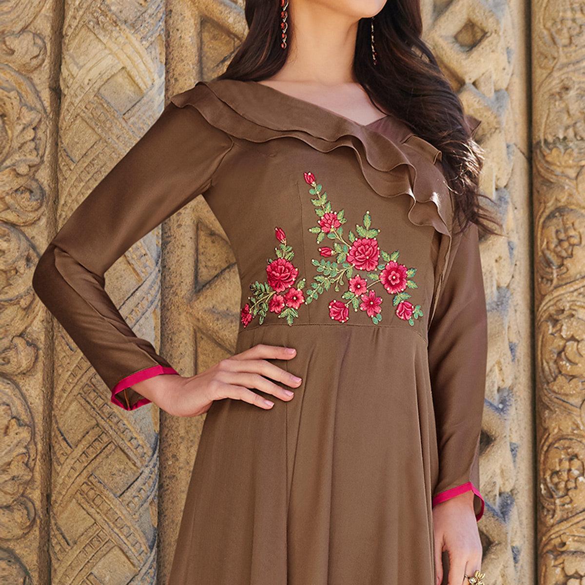 Adorning Brown Colored Partywear Embroidered Silk Satin Gown - Peachmode