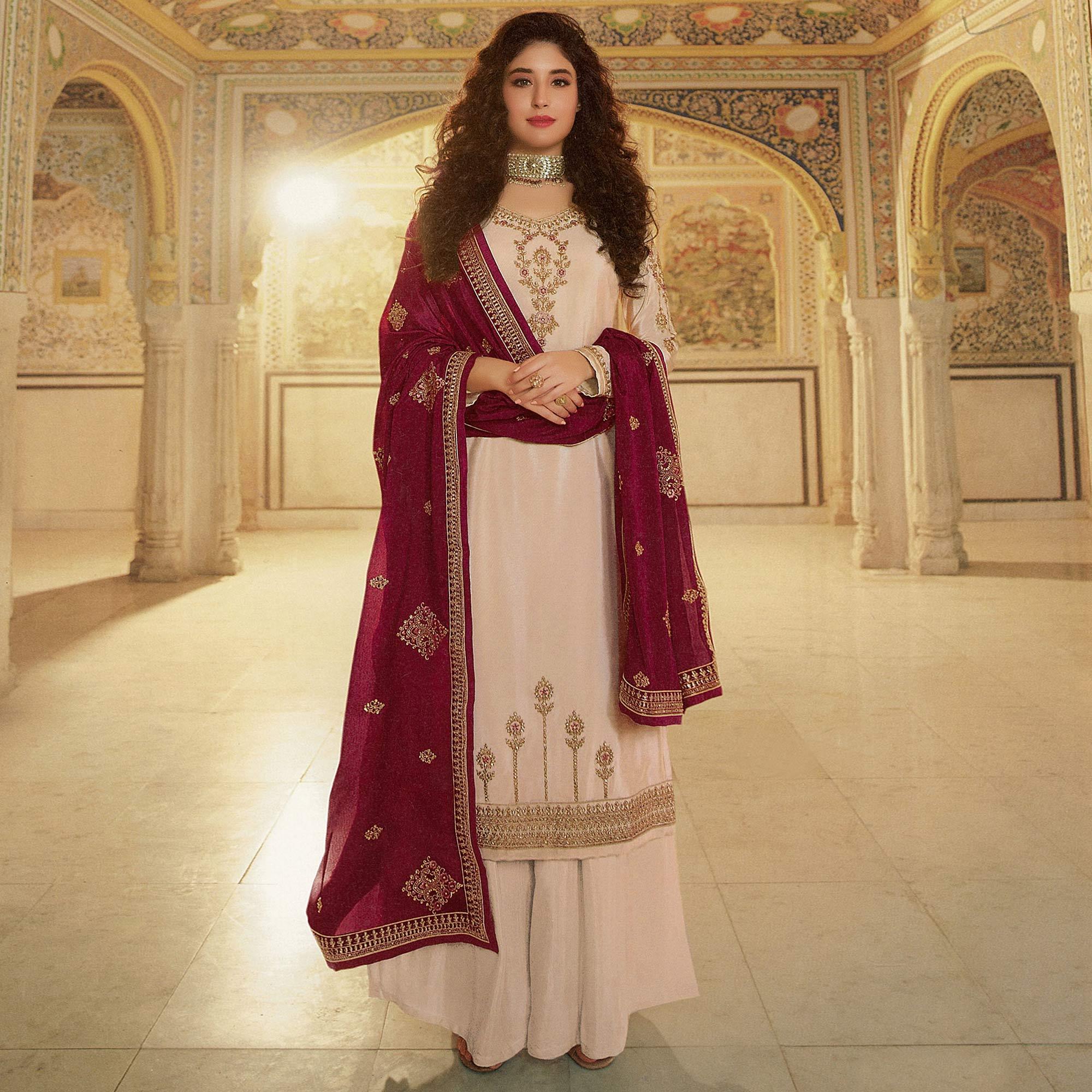 Adorning Cream Coloured Partywear Embroidered Pakistani Rangoli Georgette Straight Palazzo Suit - Peachmode