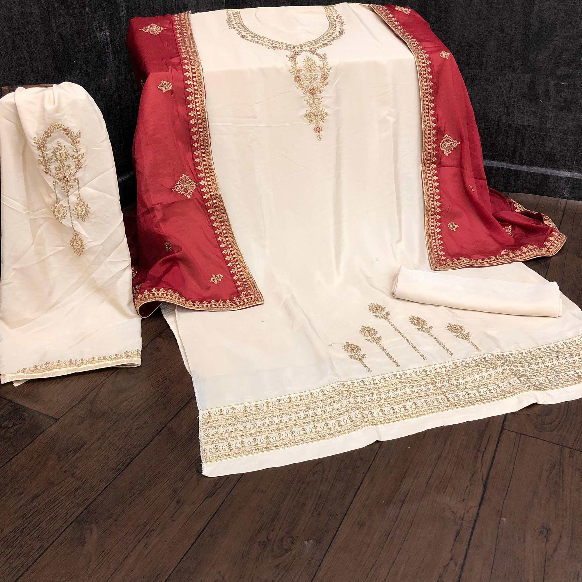 Adorning Cream Coloured Partywear Embroidered Pakistani Rangoli Georgette Straight Palazzo Suit - Peachmode