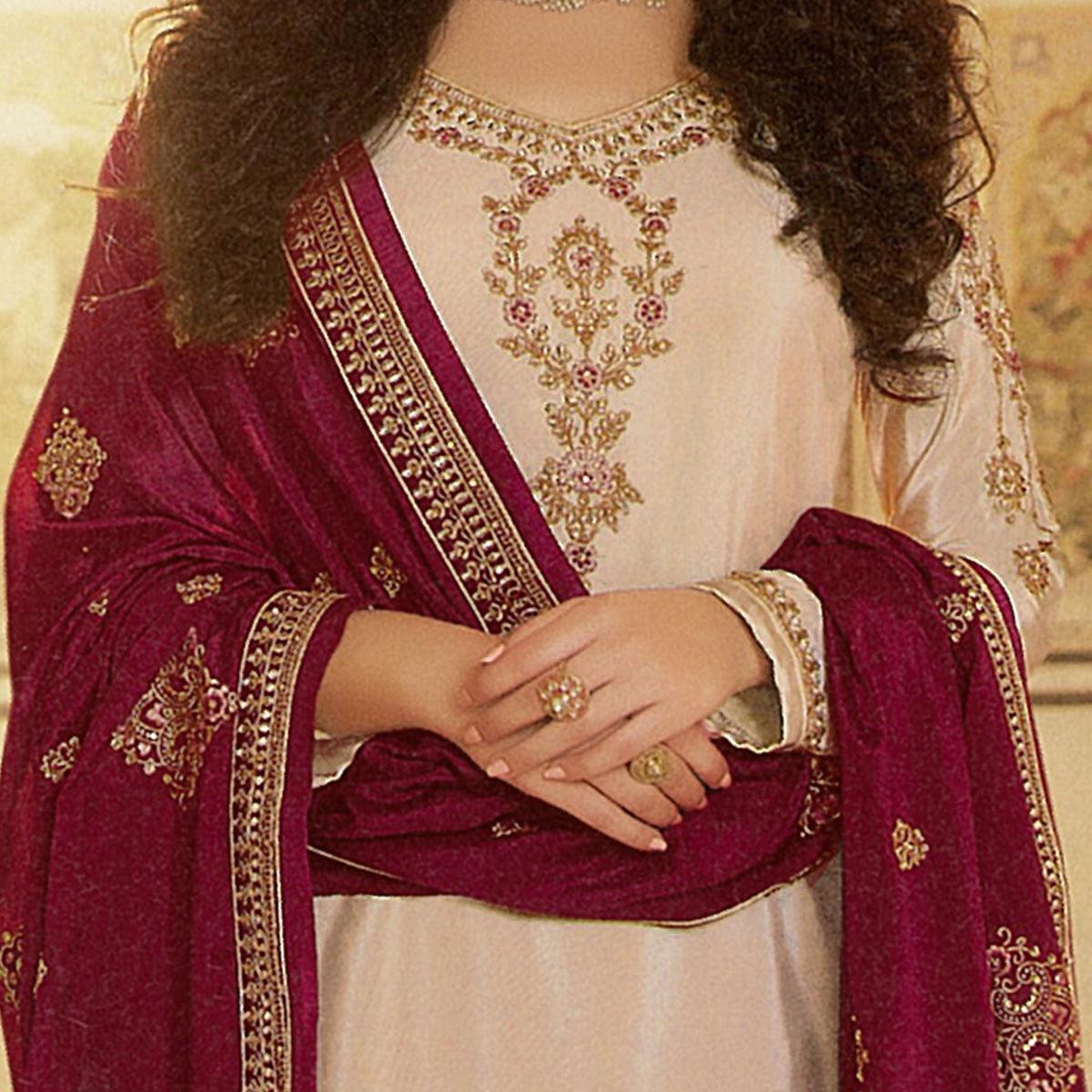 Adorning Cream Coloured Partywear Embroidered Pakistani Rangoli Georgette Straight Palazzo Suit - Peachmode