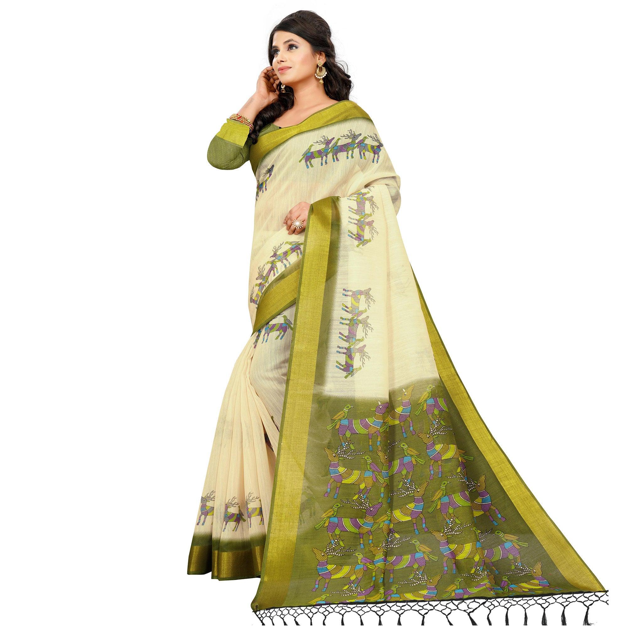 Adorning Cream - Green Colored Casual Wear Digital Printed Cotton Saree - Peachmode
