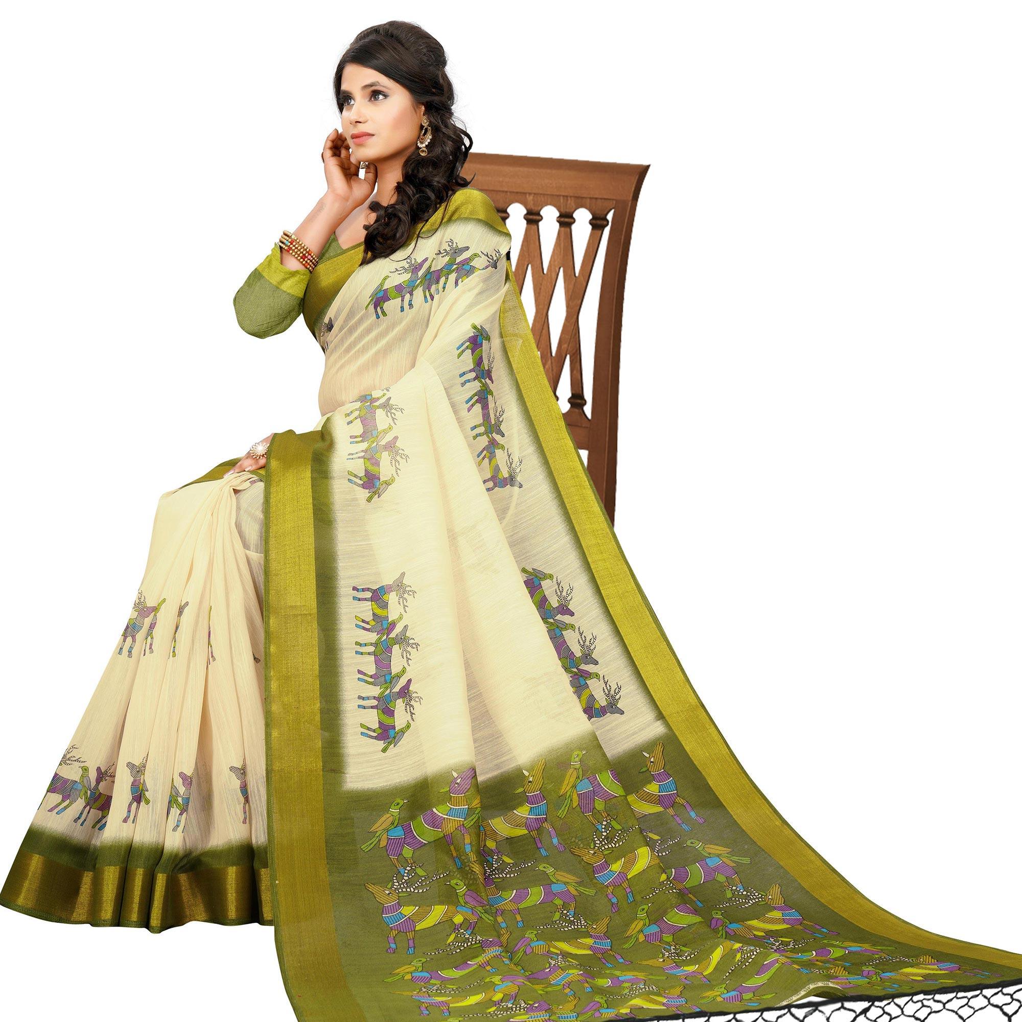 Adorning Cream - Green Colored Casual Wear Digital Printed Cotton Saree - Peachmode