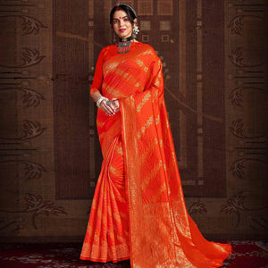 Adorning Dark Orange Coloured Designer Party Wear Silk Saree - Peachmode