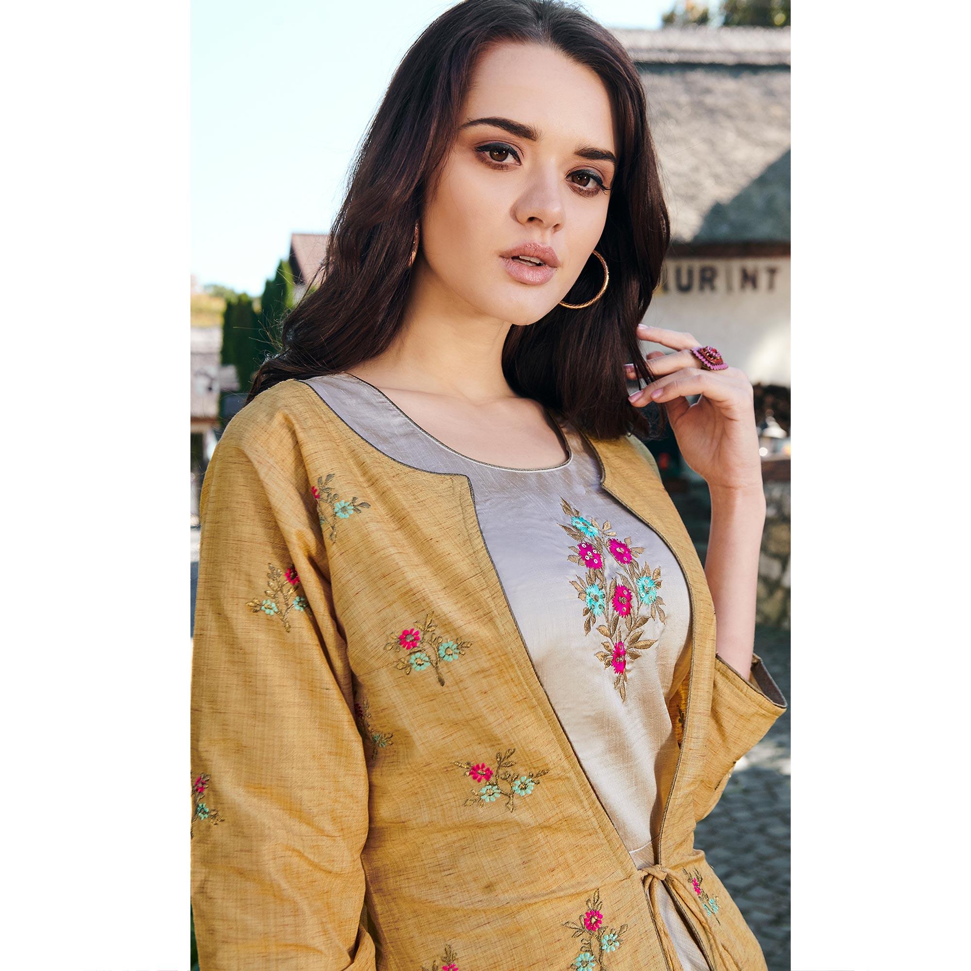 Adorning Gray-Mustard Yellow Colored Partywear Embroidered Cotton Silk Gown - Peachmode