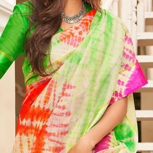 Adorning Green & Orange Casual Wear Printed Art Silk Saree - Peachmode