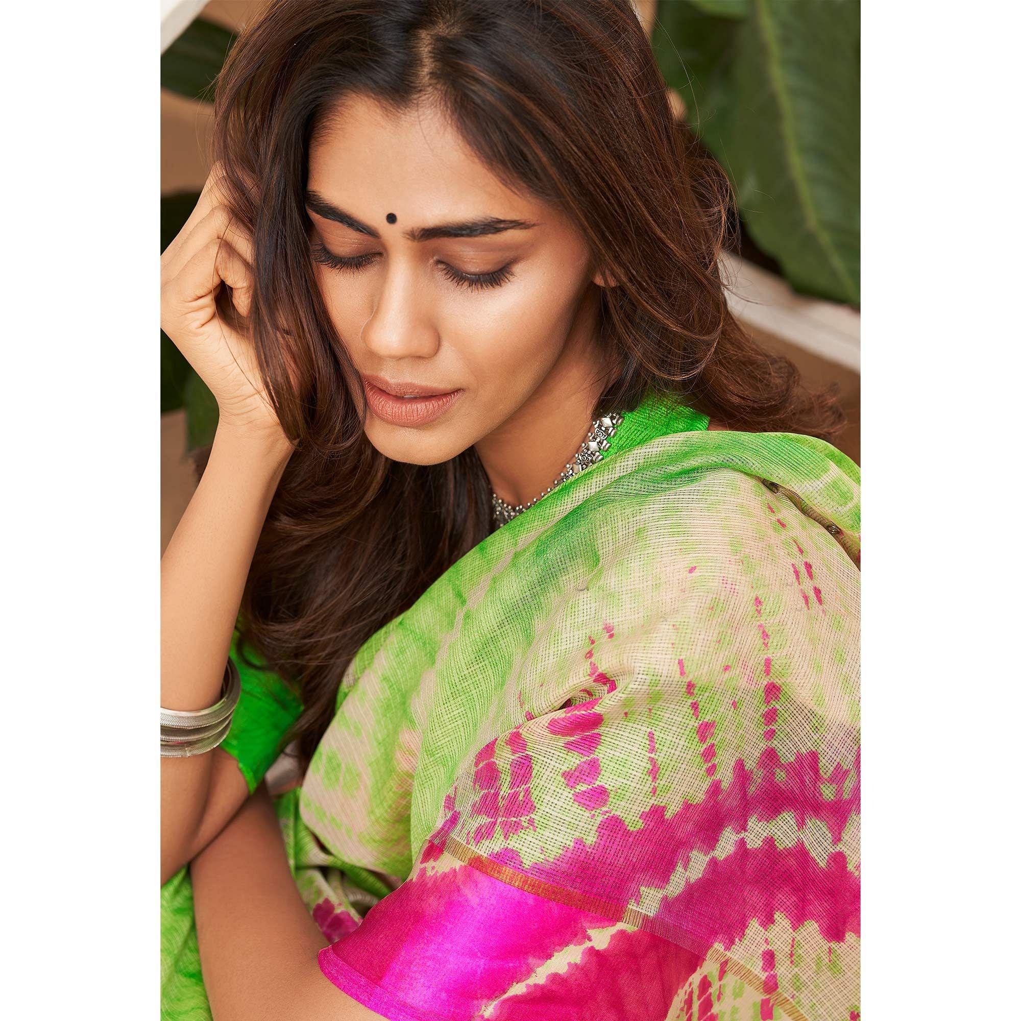 Adorning Green & Orange Casual Wear Printed Art Silk Saree - Peachmode