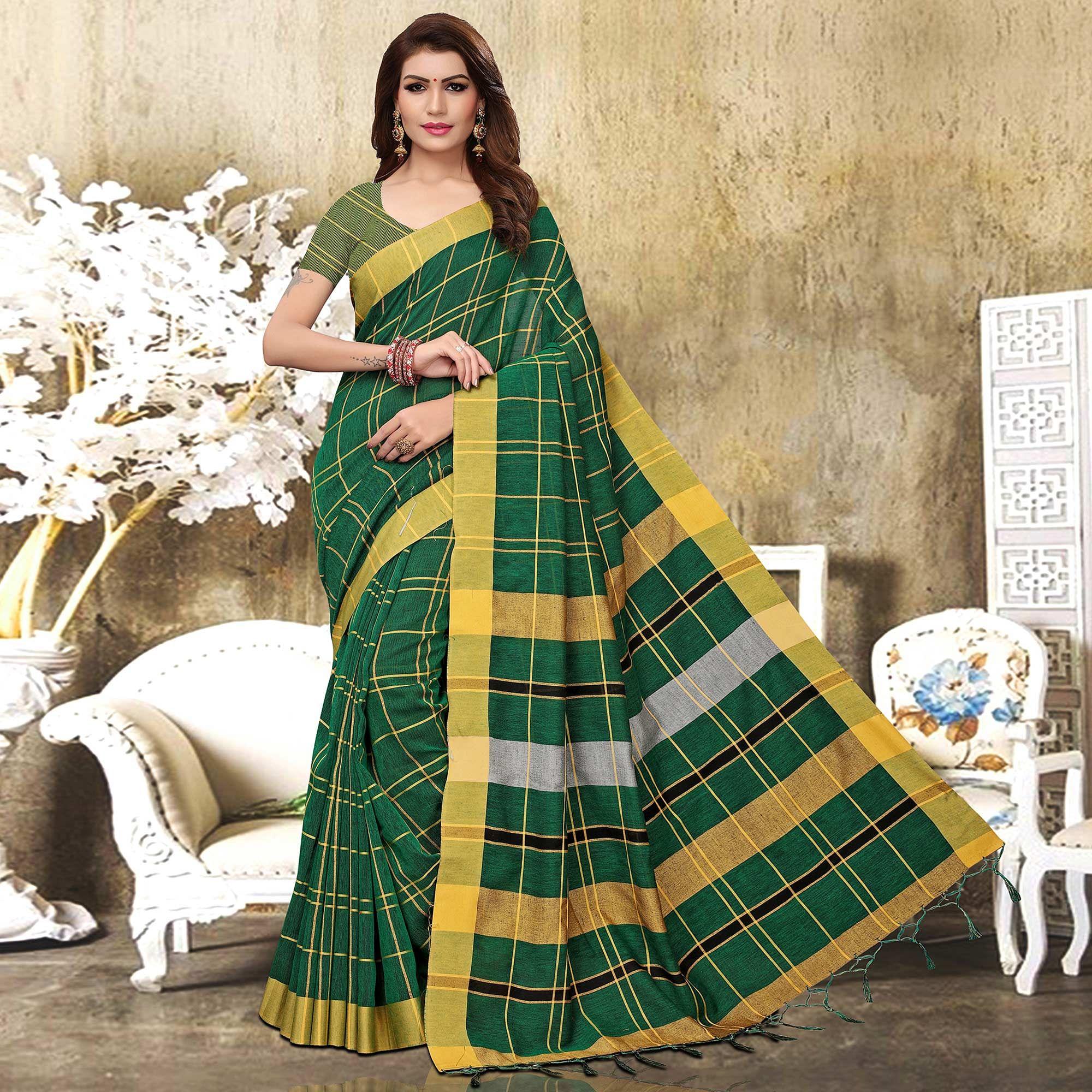 Adorning Green Colored Festive Wear Checks Print Pure Linen Saree - Peachmode