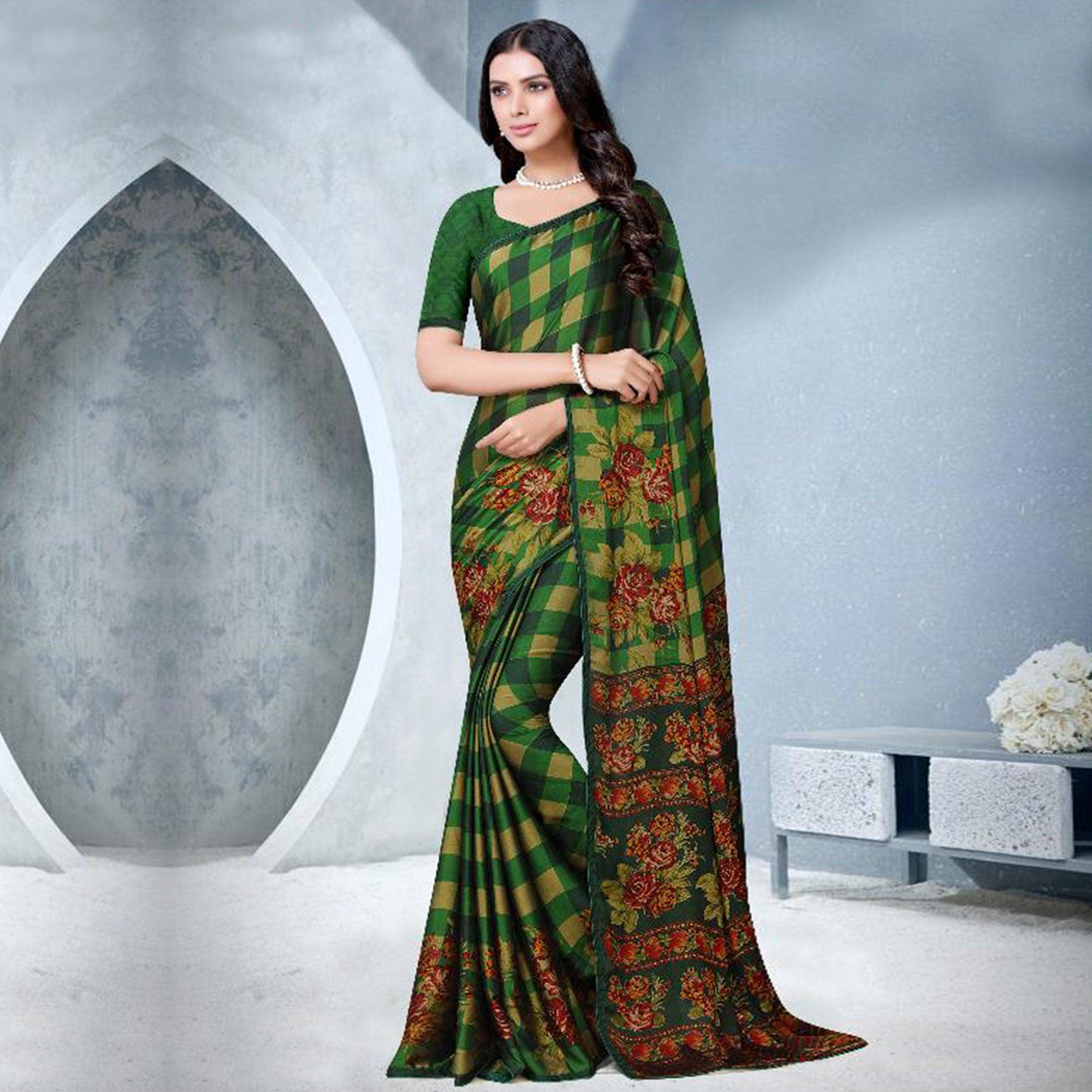Adorning Green Colored Partywear Checkered Printed Chiffon Saree - Peachmode