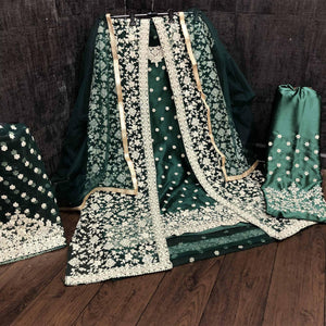 Adorning Green Coloured Partywear Embroidered Butterfly Net Pakistani Straight Suit - Peachmode