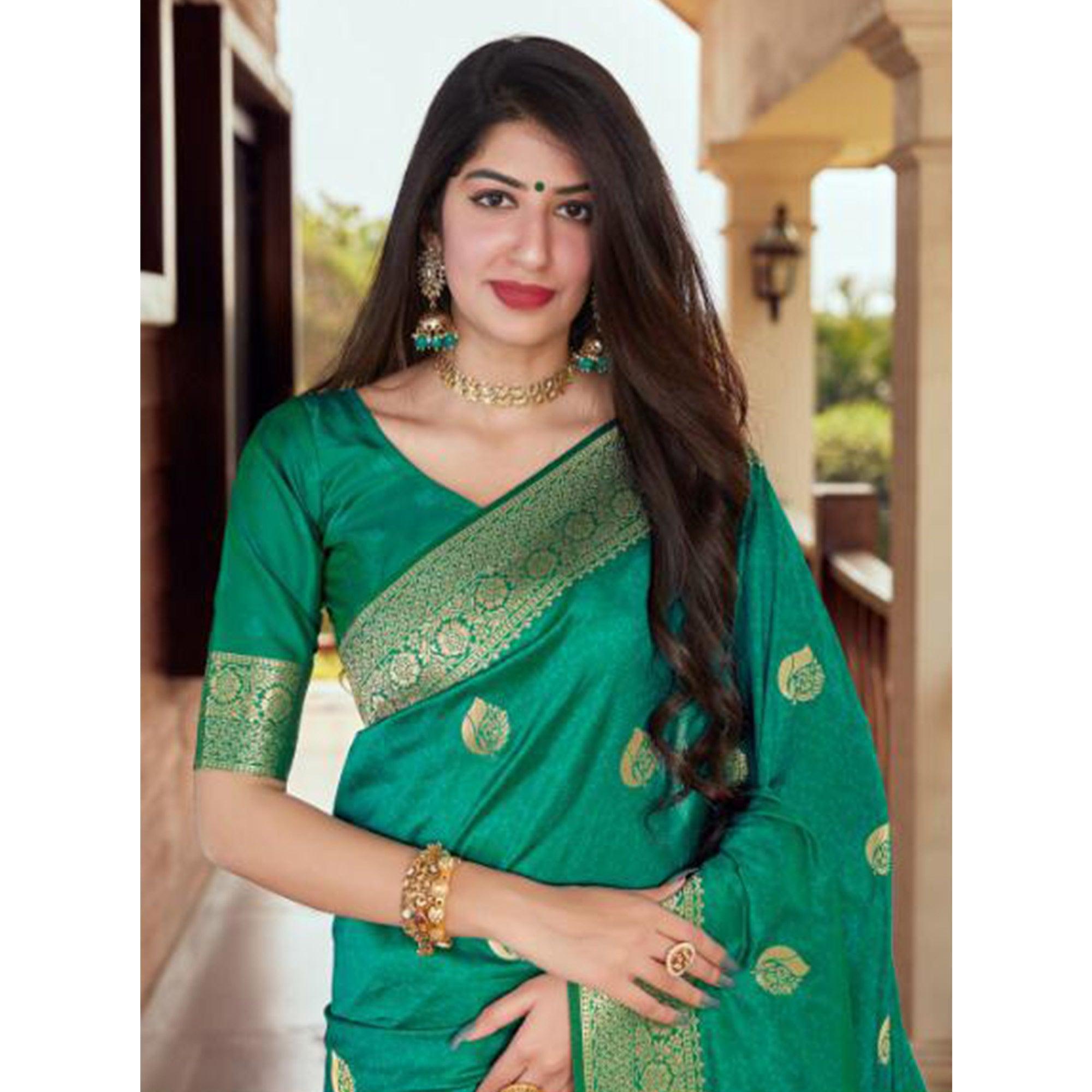 Adorning Green Coloured Partywear Woven Silk Saree - Peachmode