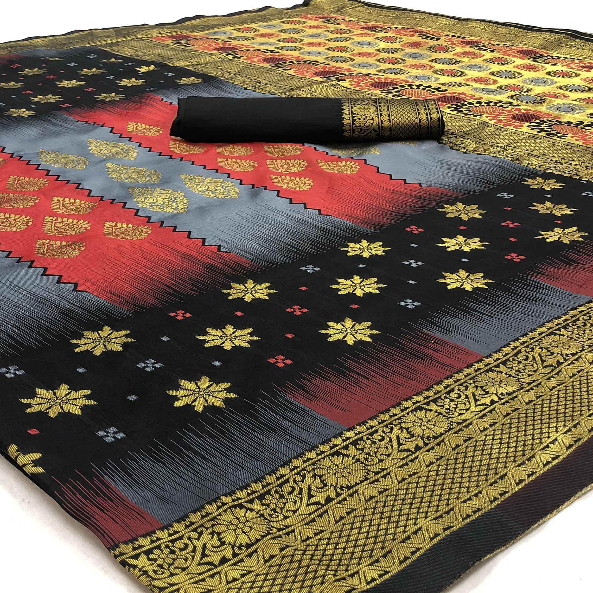 Adorning Grey - Black Colored Festive Wear Woven Banarasi Silk Saree - Peachmode