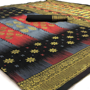 Adorning Grey - Black Colored Festive Wear Woven Banarasi Silk Saree - Peachmode