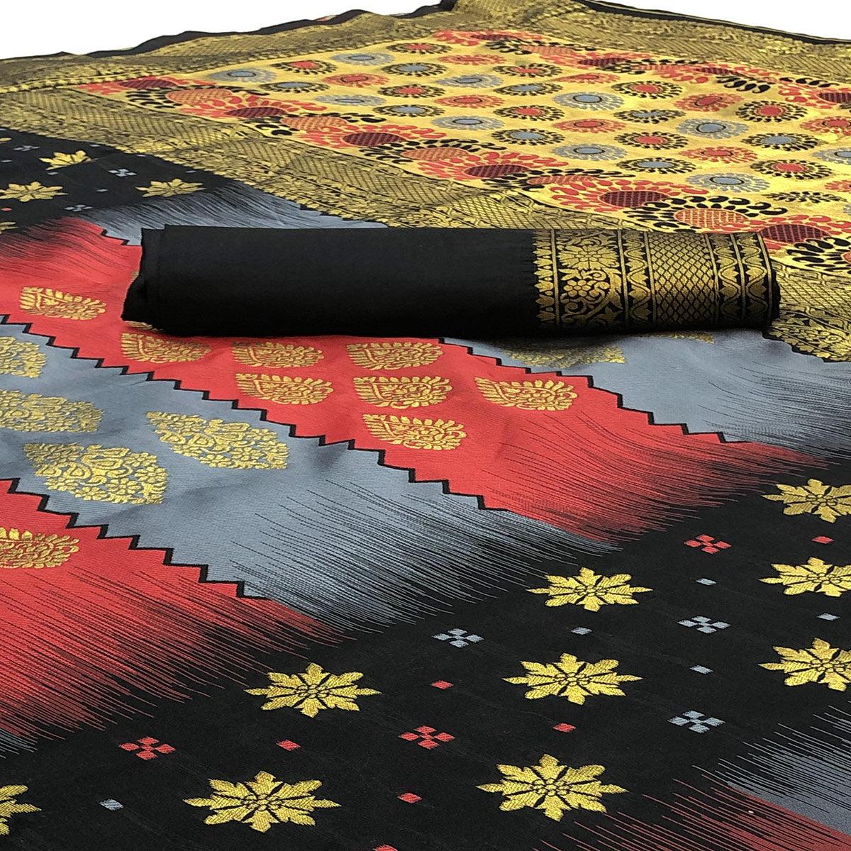 Adorning Grey - Black Colored Festive Wear Woven Banarasi Silk Saree - Peachmode