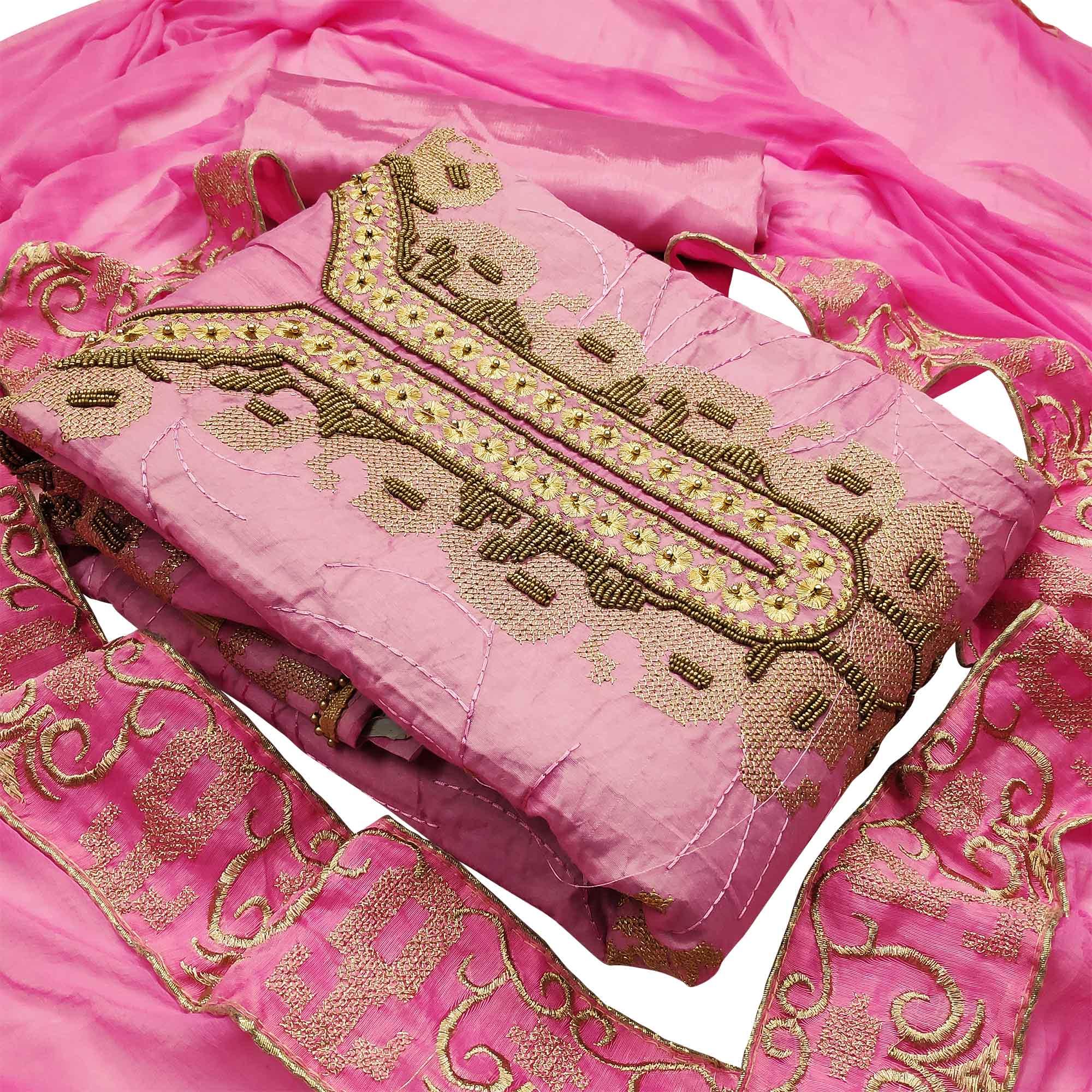 Adorning Light Pink Colored Casual Wear Embroidered Heavy Modal Silk Dress Material - Peachmode