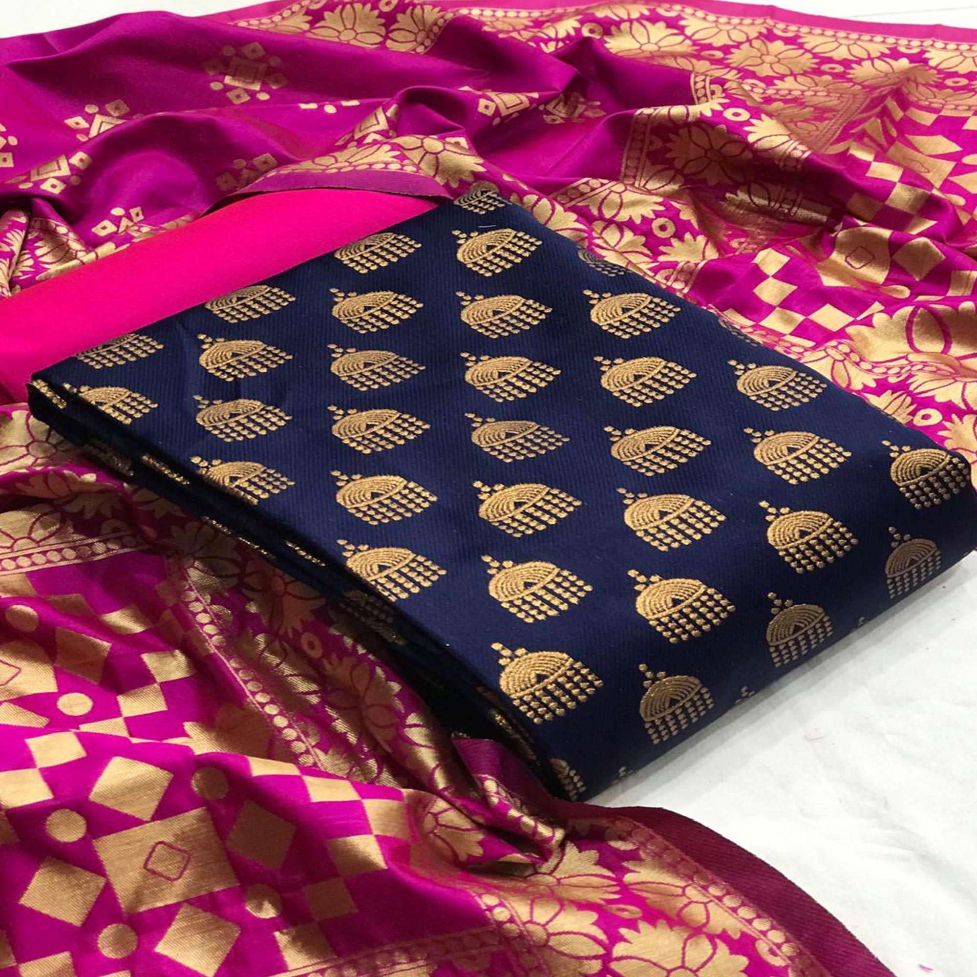 Adorning Navy Blue Colored Casual Wear Banarasi Silk Dress Material - Peachmode