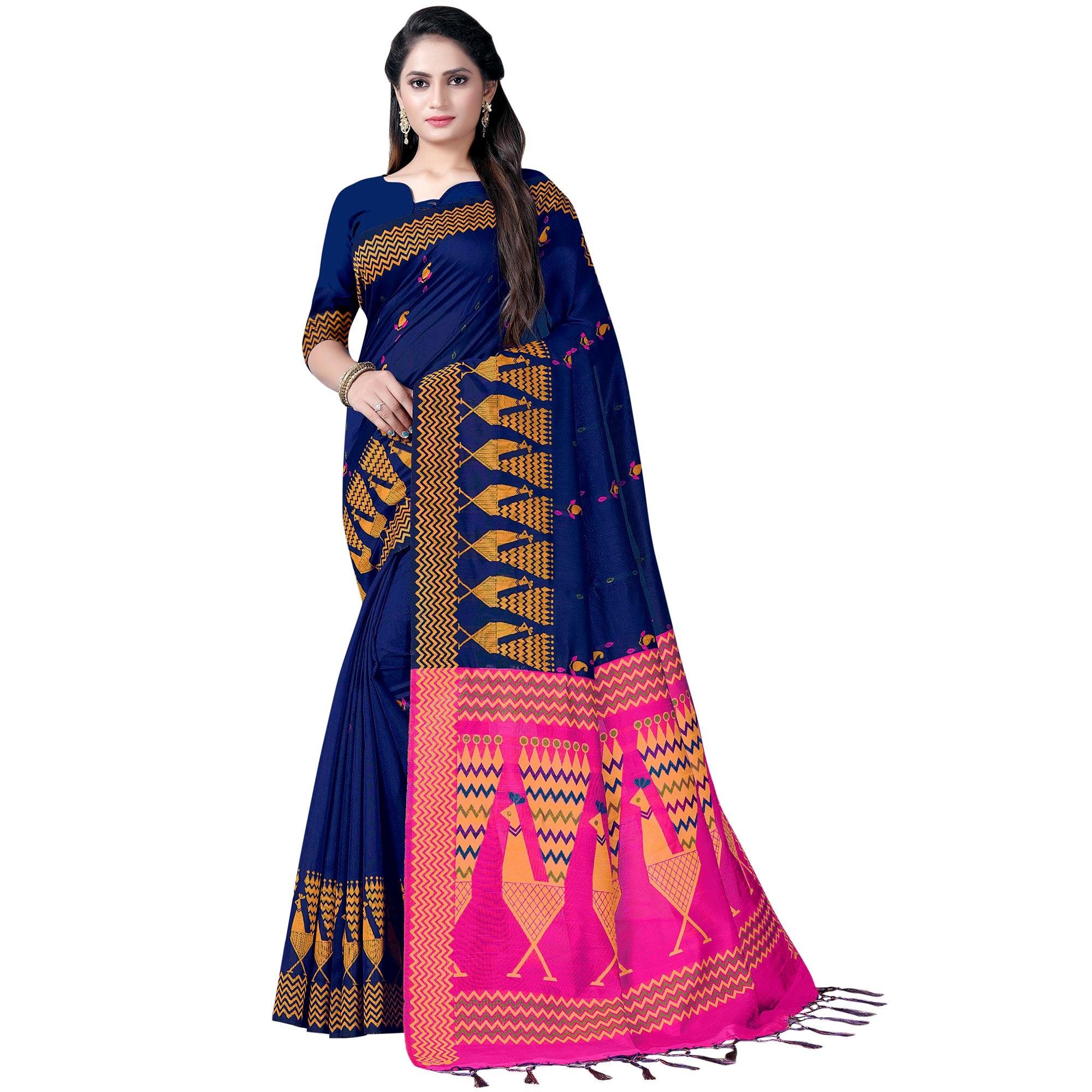 Adorning Navy Blue Colored Festive Wear Printed Cotton Saree - Peachmode