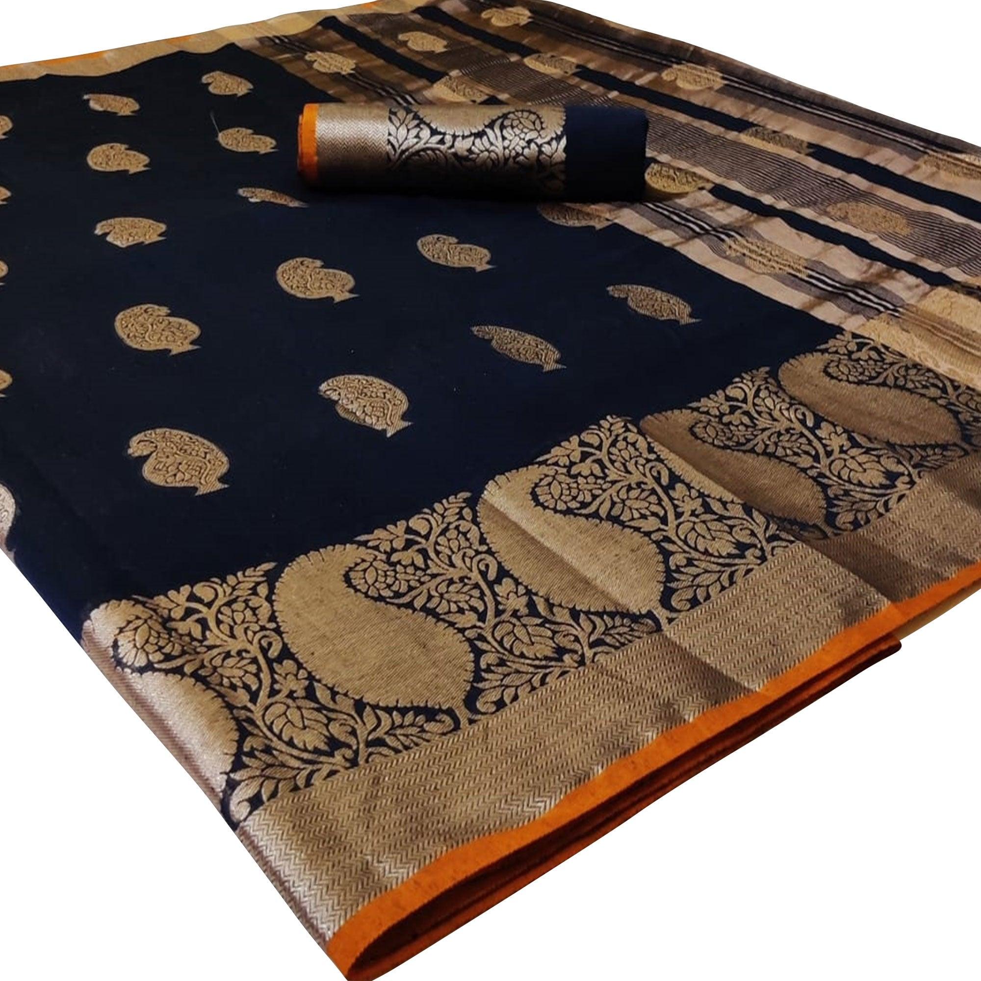 Adorning Navy Blue Colored Festive Wear Woven Linen Saree - Peachmode
