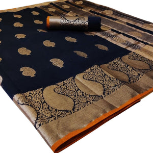 Adorning Navy Blue Colored Festive Wear Woven Linen Saree - Peachmode