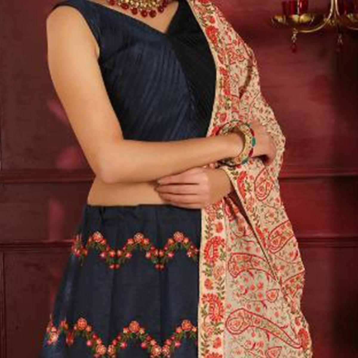 Adorning Navy Blue Colored Party Wear Embroidered Silk Lehenga Choli - Peachmode