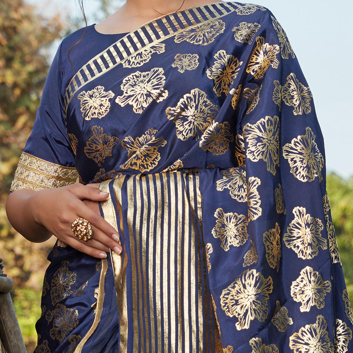 Adorning Navy Blue Coloured Partywear Foil Printed Silk Saree - Peachmode