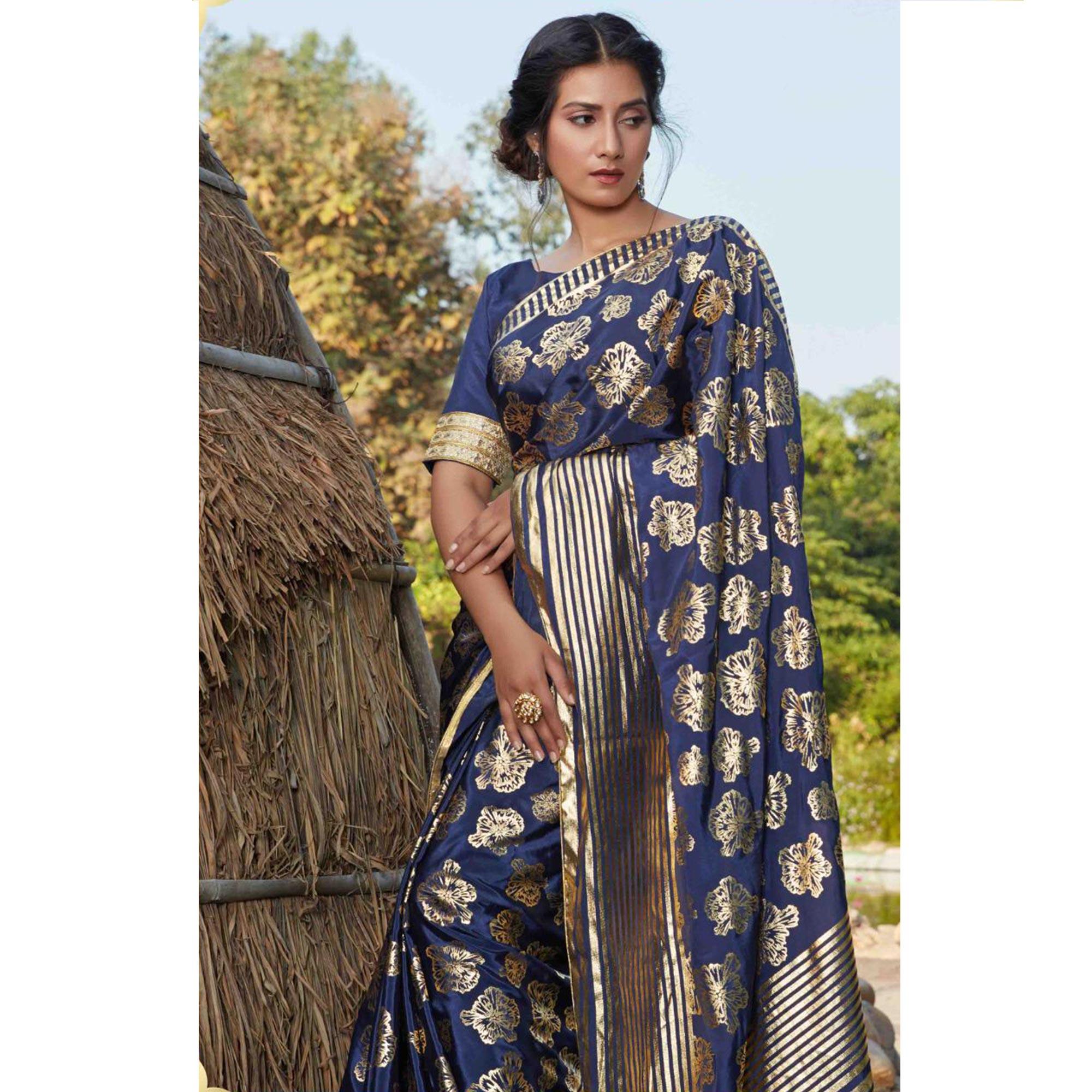 Adorning Navy Blue Coloured Partywear Foil Printed Silk Saree - Peachmode