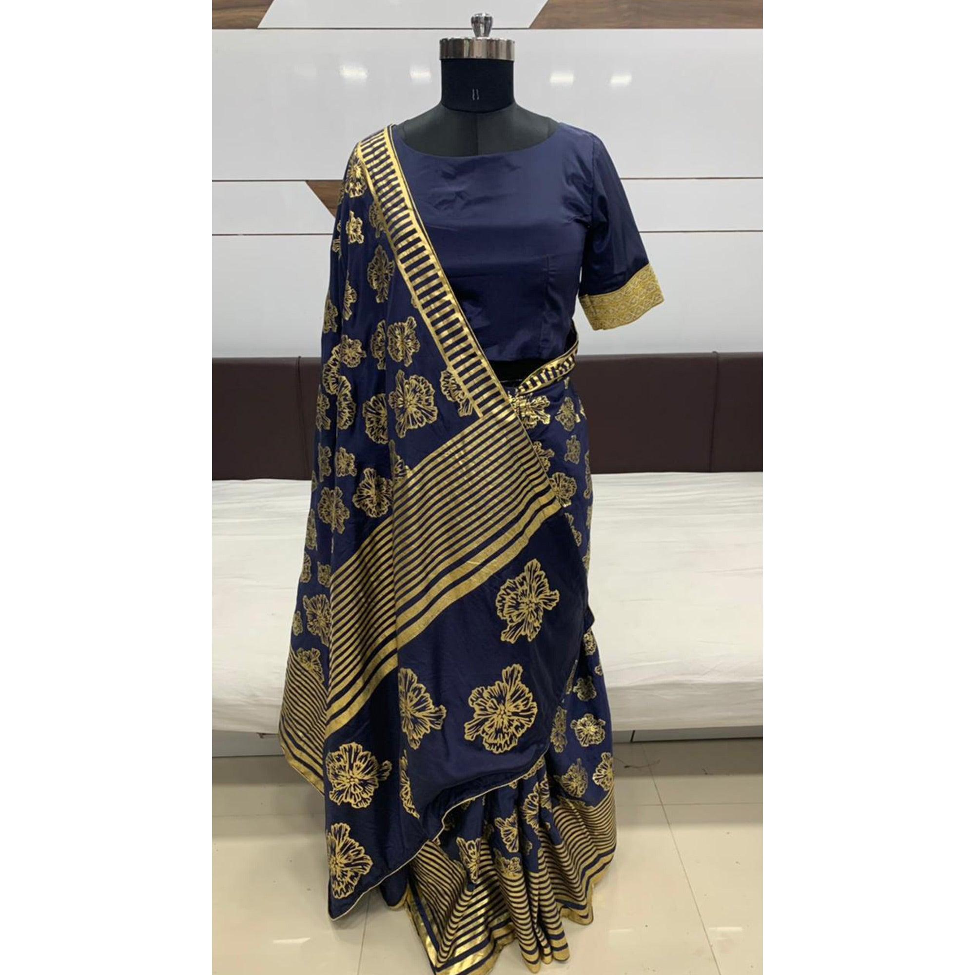 Adorning Navy Blue Coloured Partywear Foil Printed Silk Saree - Peachmode