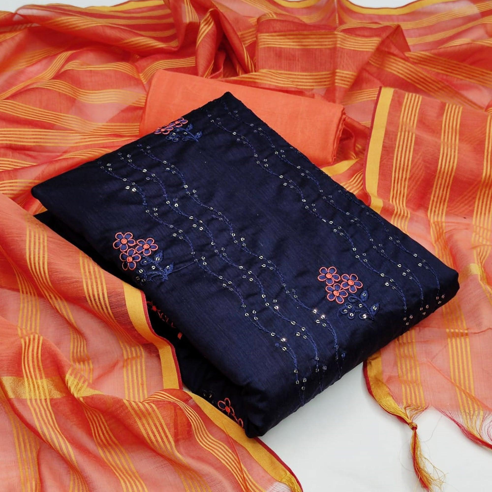 Adorning Navy Blue - Peach Colored Casual Wear Embroidered Chanderi Dress Material - Peachmode