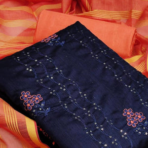 Adorning Navy Blue - Peach Colored Casual Wear Embroidered Chanderi Dress Material - Peachmode