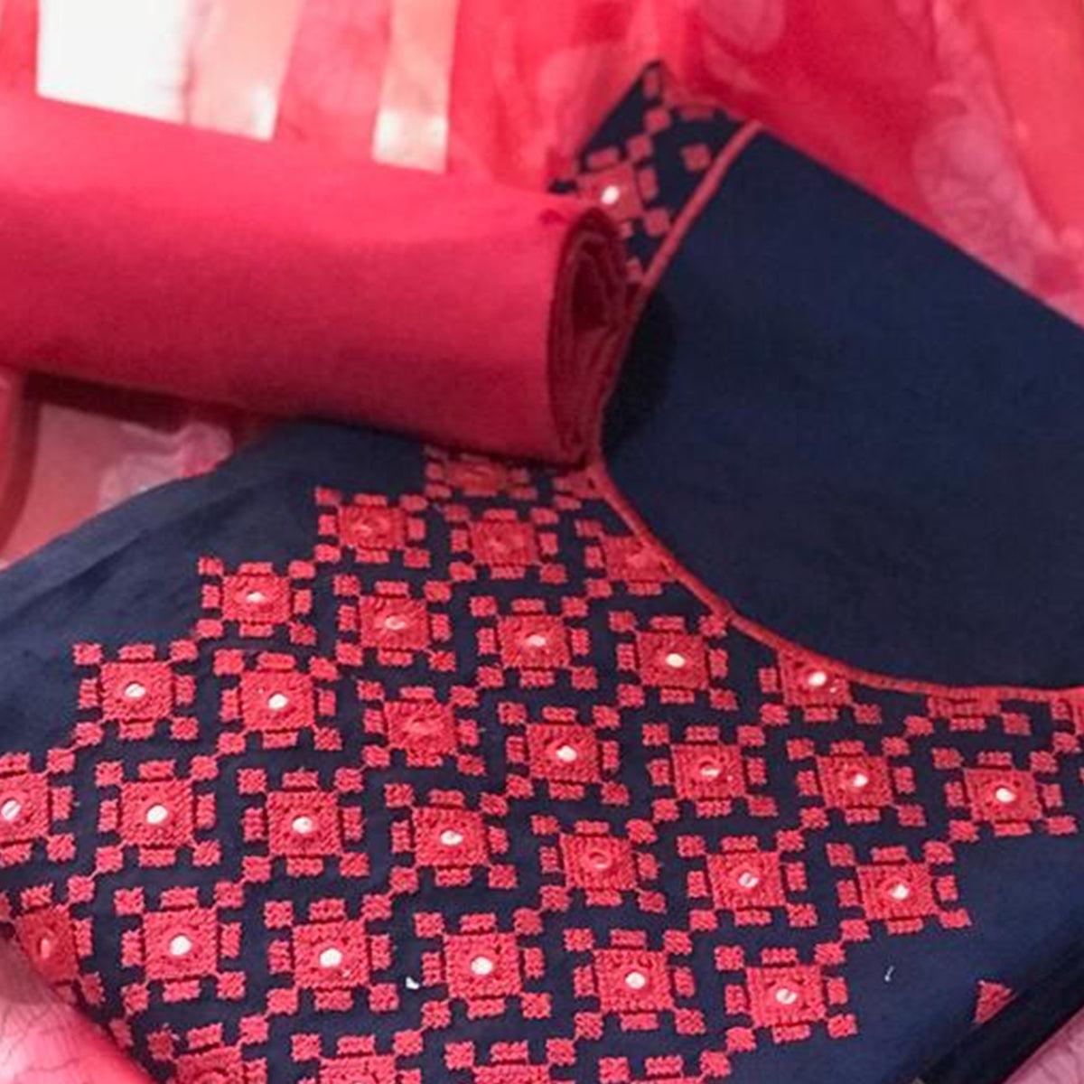 Adorning Navy Blue - Pink Colored Casual Wear Embroidered Cotton Salwar Suit - Peachmode