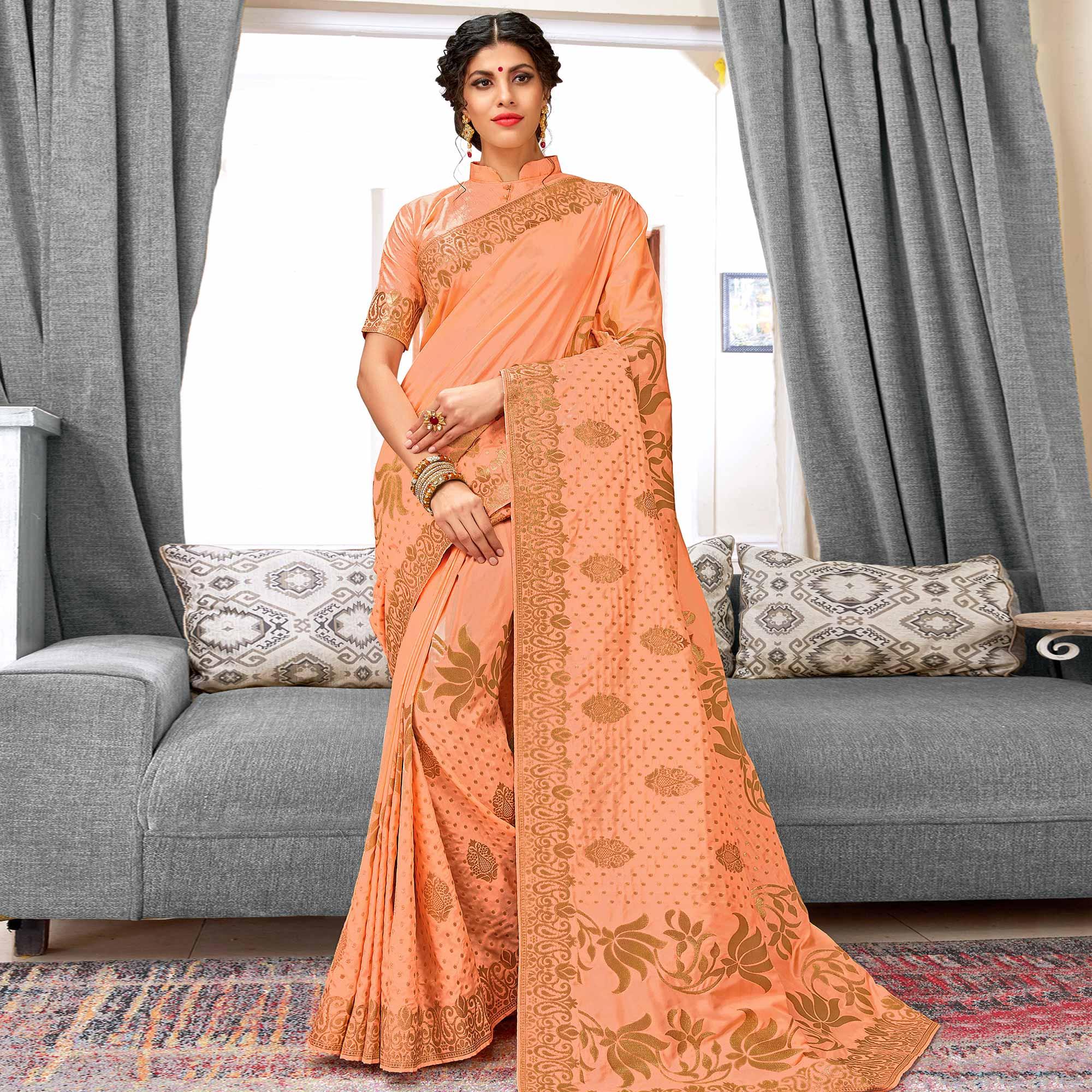 Adorning Peach Colored Festive Wear Woven Silk Saree - Peachmode