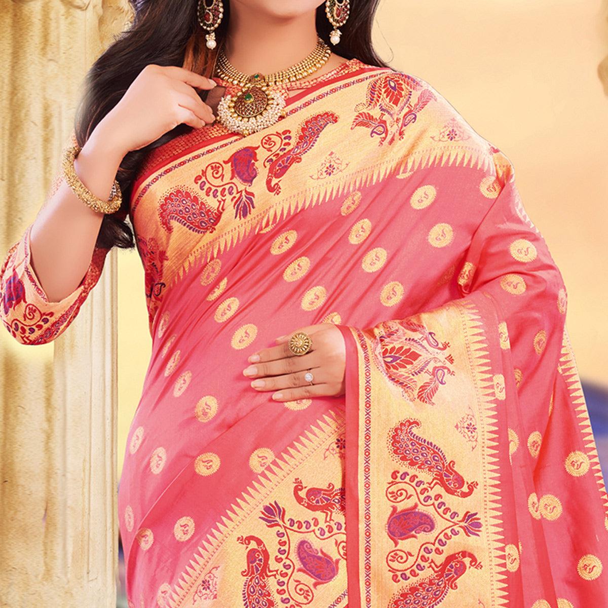 Adorning Peach Colored Festive Wear Woven Silk Saree - Peachmode