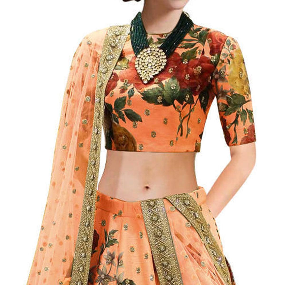 Adorning Peach Colored Partywear Designer Embroidered Art Silk Lehenga Choli - Peachmode