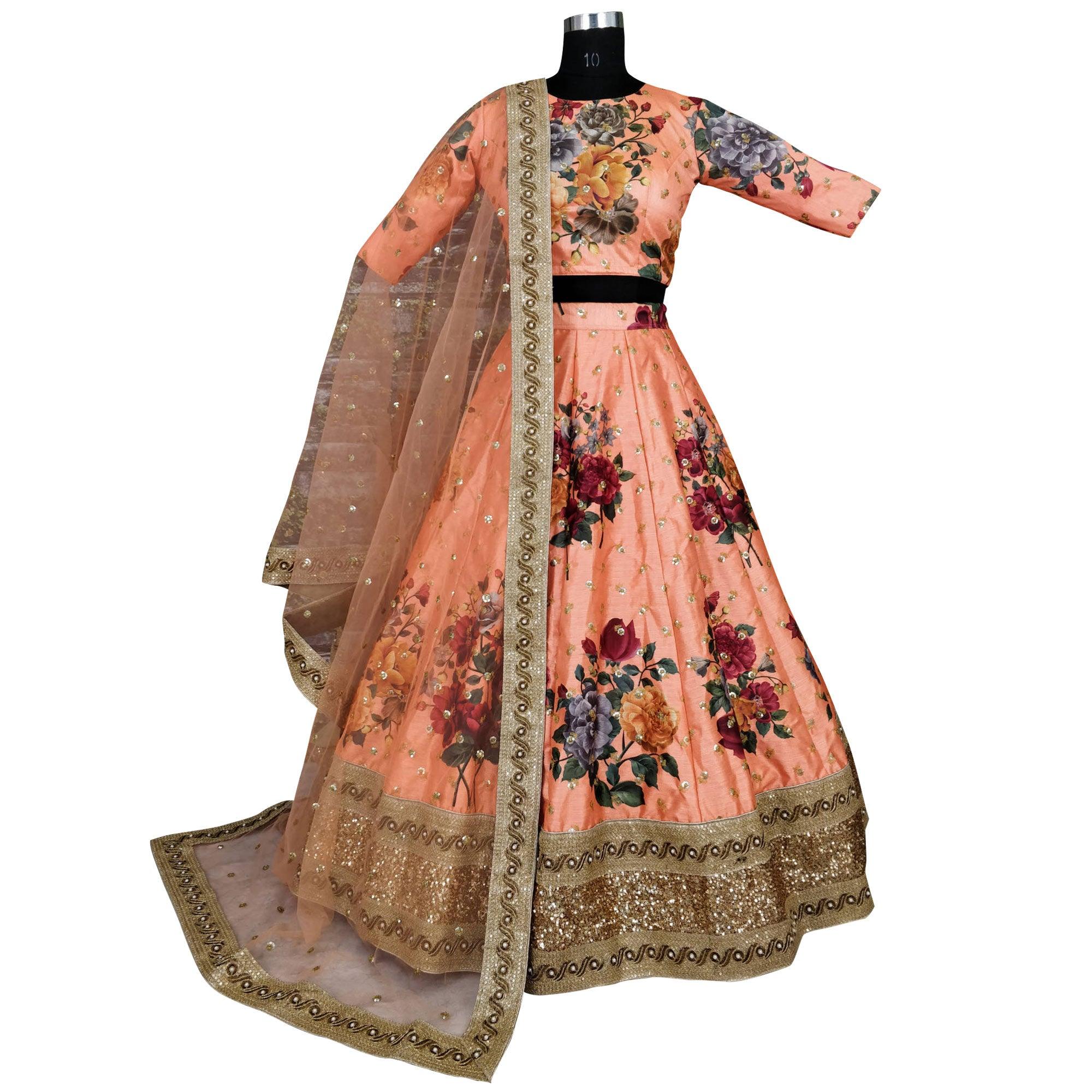 Adorning Peach Colored Partywear Designer Embroidered Art Silk Lehenga Choli - Peachmode