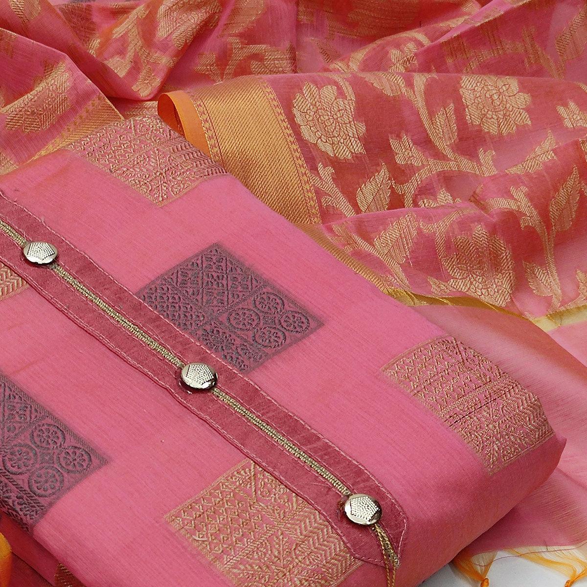 Adorning Pink Colored Casual Wear Woven Banarasi Jacquard Dress Material - Peachmode