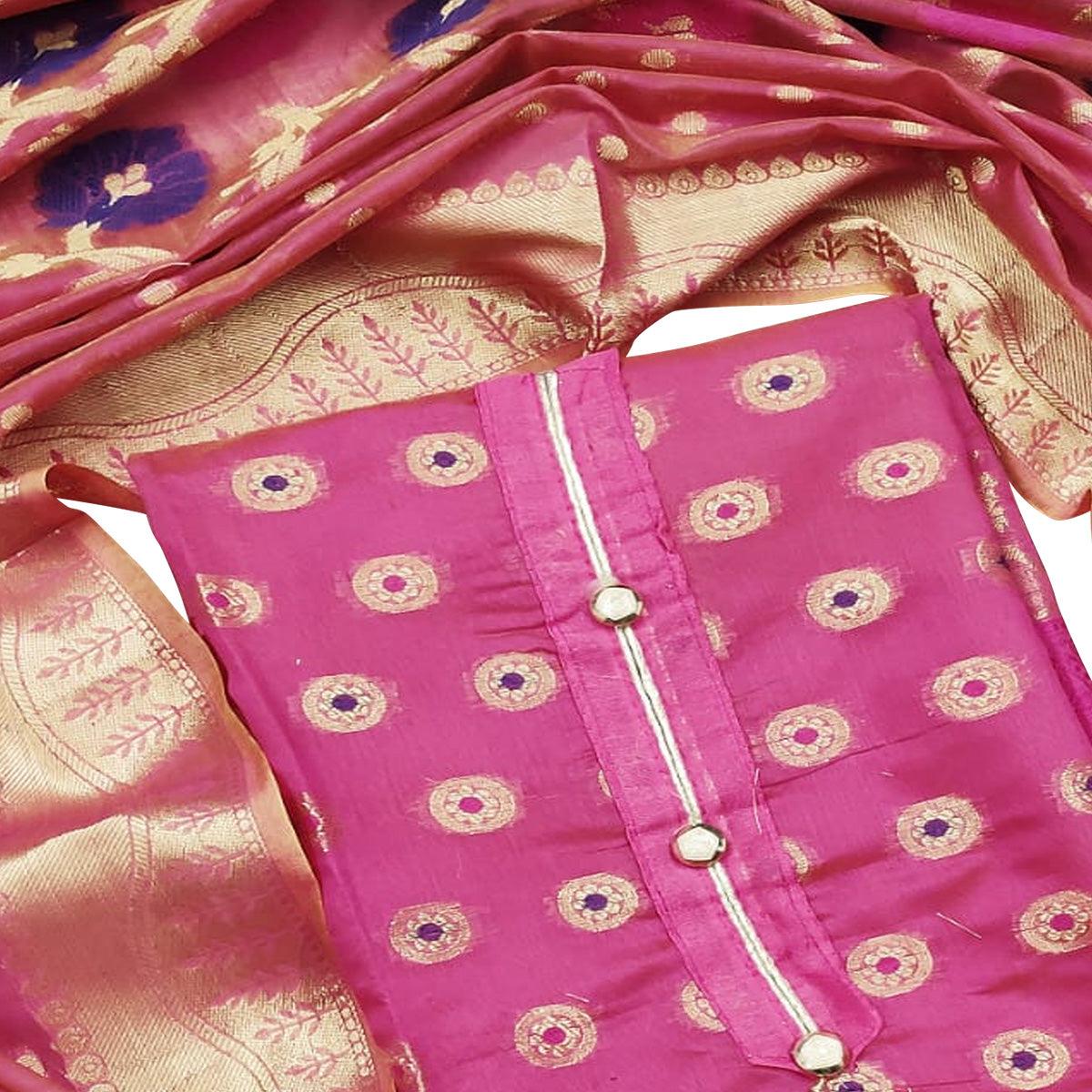 Adorning Purple Colored Festive Wear Woven Banarasi Silk Dress Material - Peachmode