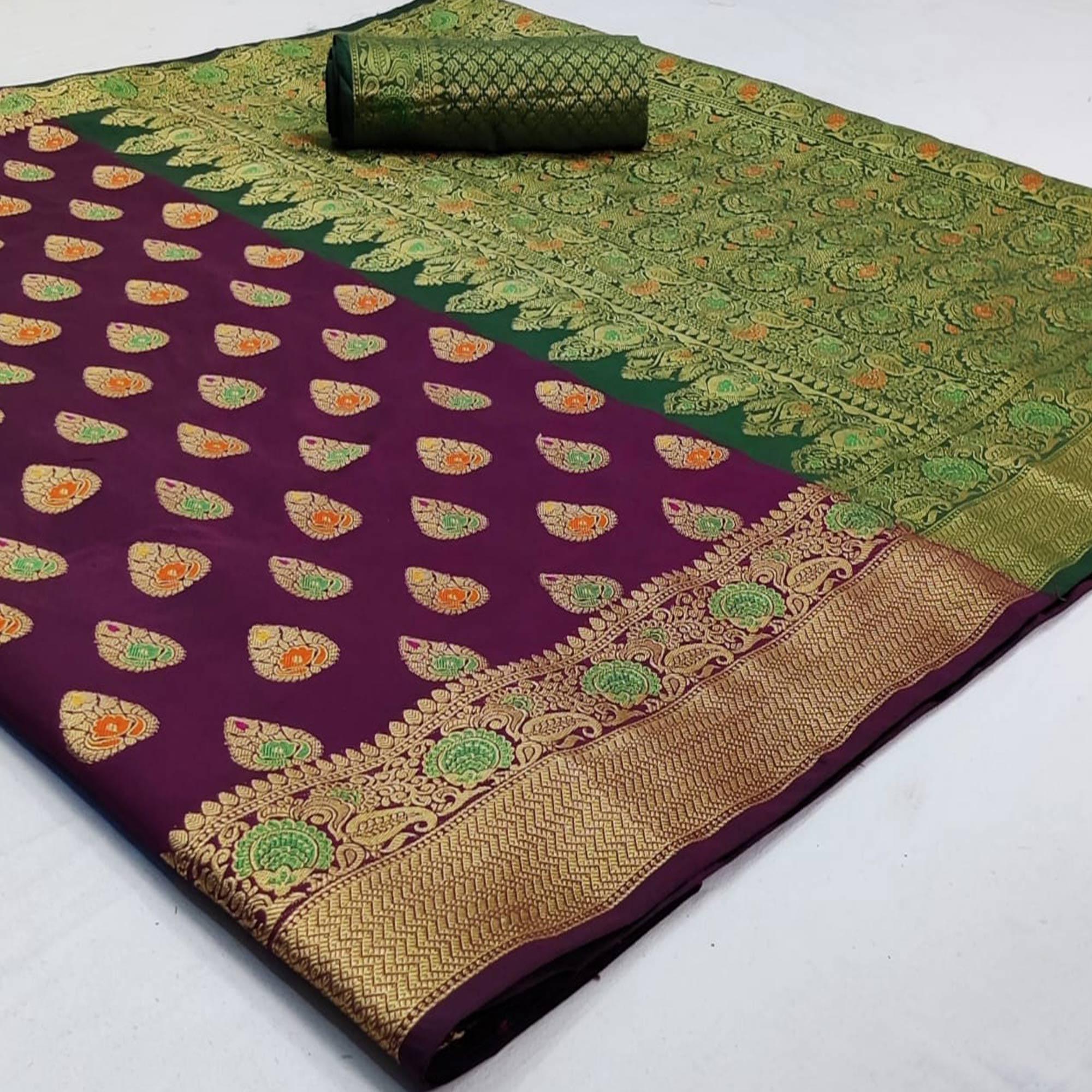 Adorning Purple Colored Festive Wear Woven Silk Saree - Peachmode