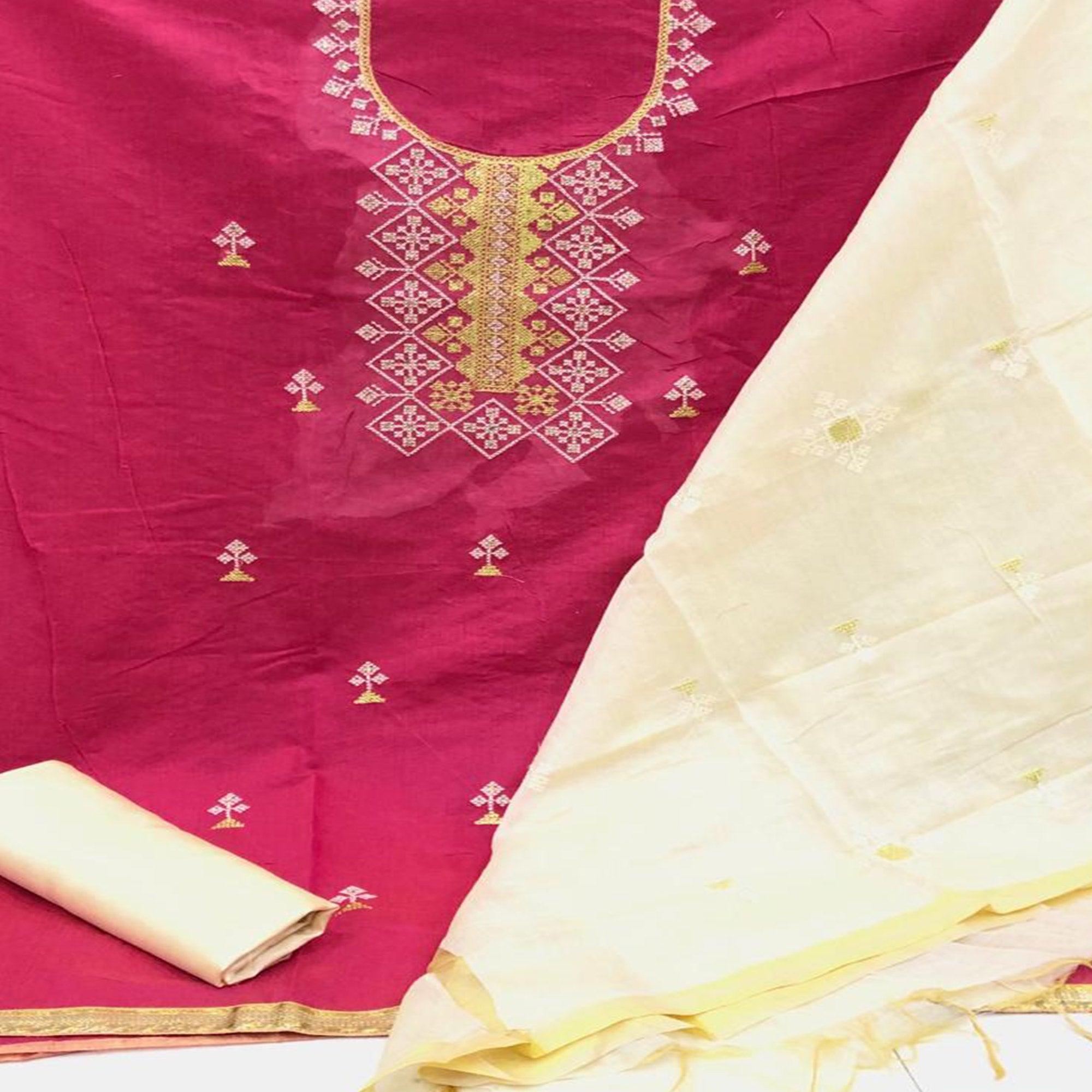 Adorning Rani Pink Colored Casual Wear Embroidered Chanderi Modal Dress Material - Peachmode