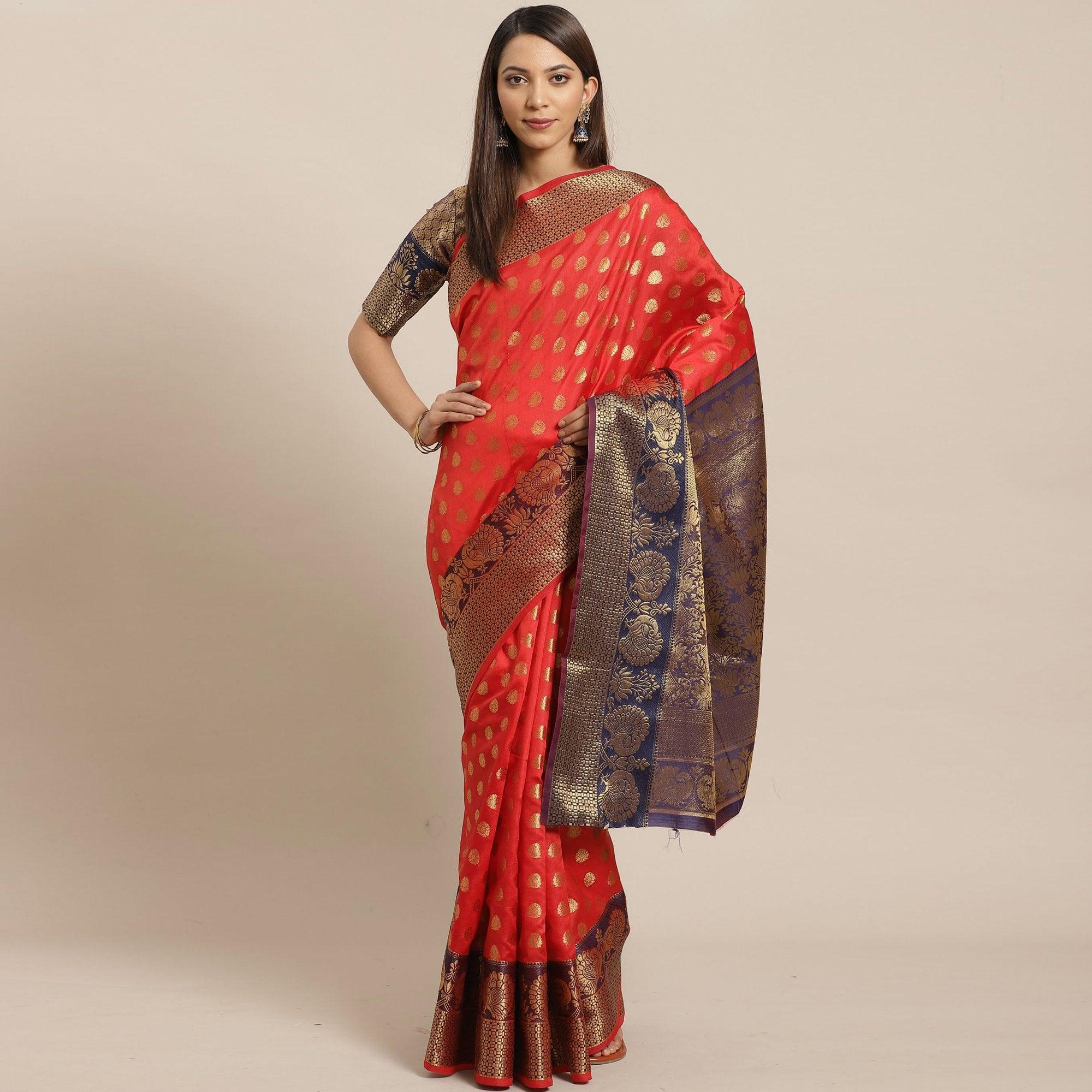 Adorning Red - Black Colored Festive Wear Woven Silk Blend Saree - Peachmode