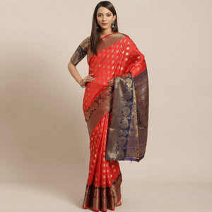Adorning Red - Black Colored Festive Wear Woven Silk Blend Saree - Peachmode