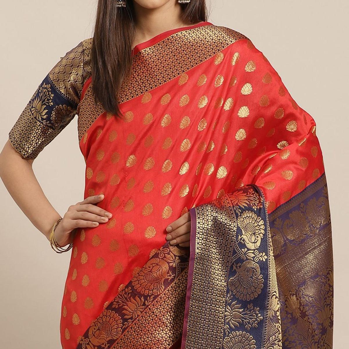 Adorning Red - Black Colored Festive Wear Woven Silk Blend Saree - Peachmode