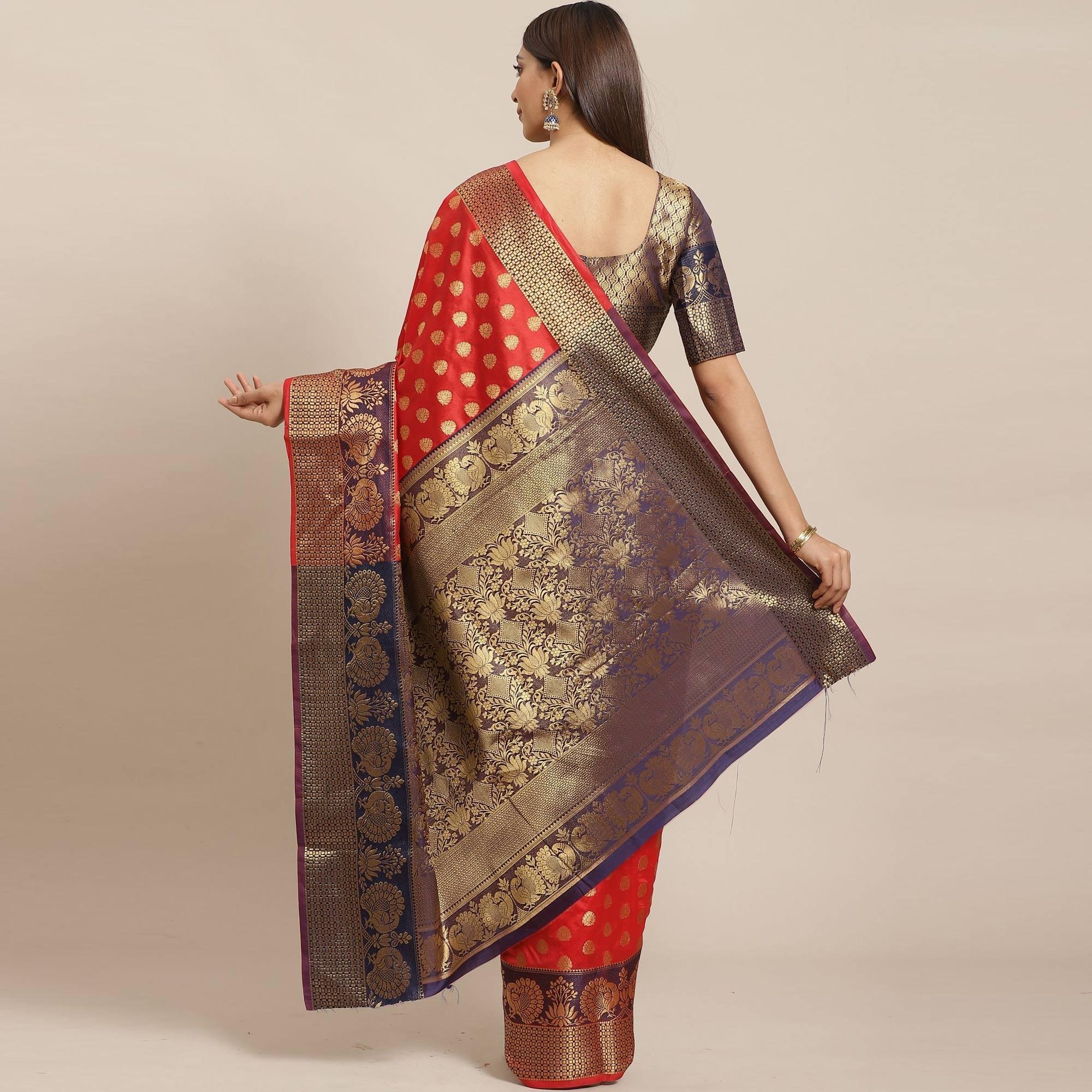 Adorning Red - Black Colored Festive Wear Woven Silk Blend Saree - Peachmode