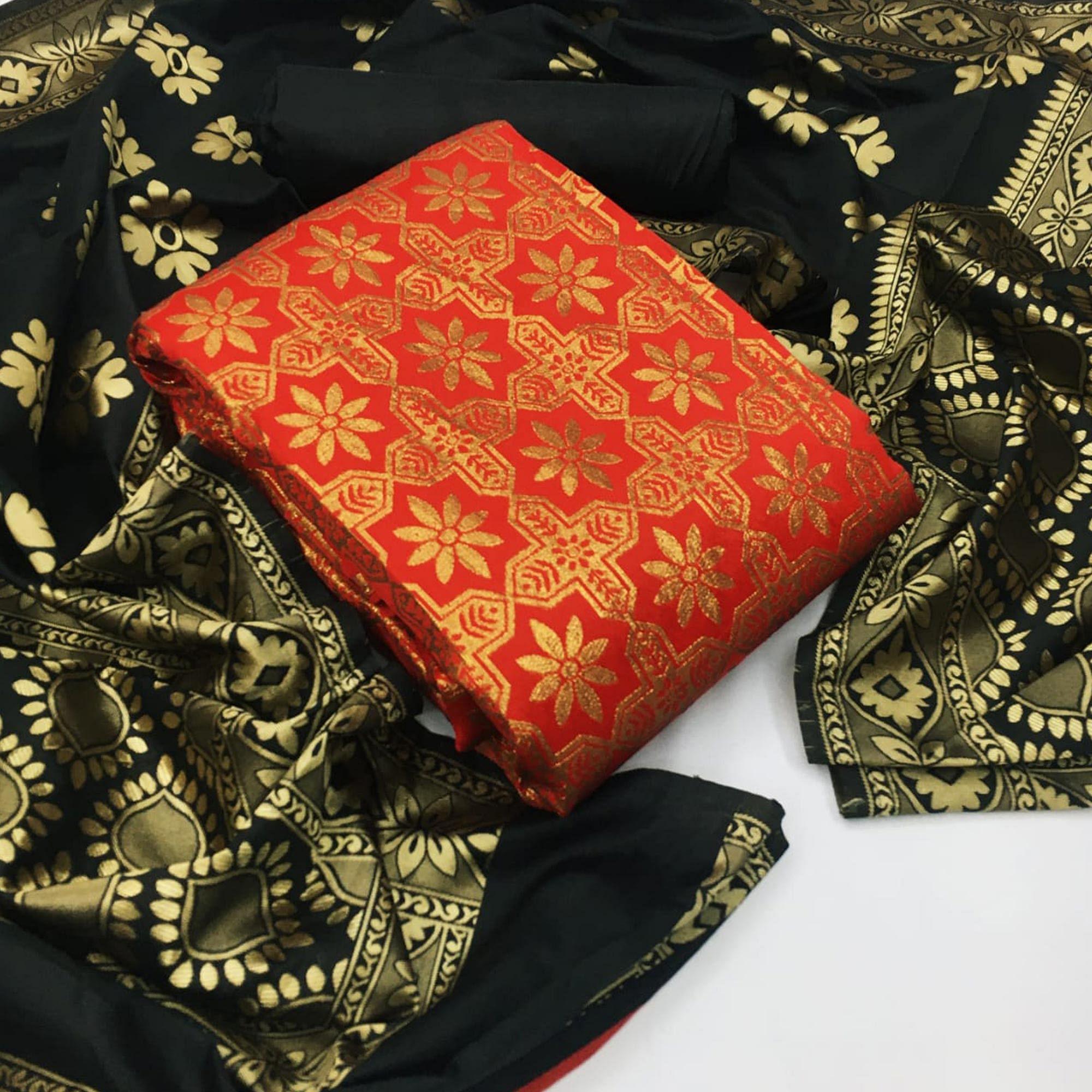 Adorning Red Colored Casual Wear Woven Banarasi Silk Dress Material - Peachmode
