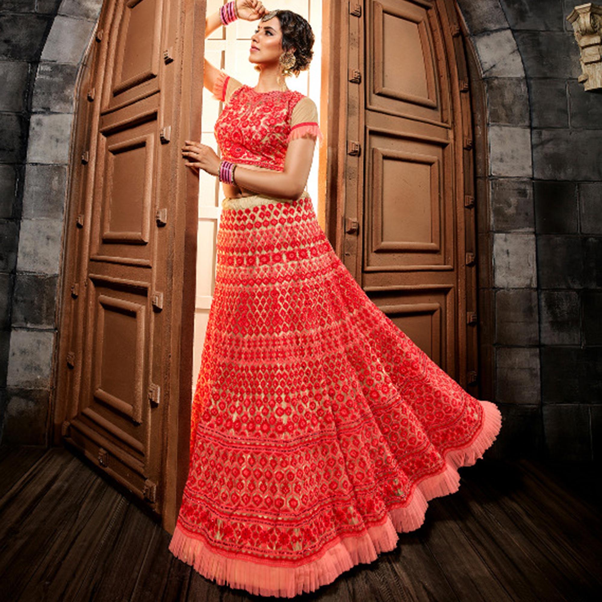 Adorning Red Colored Party Wear Embroidered Net Lehenga Choli - Peachmode