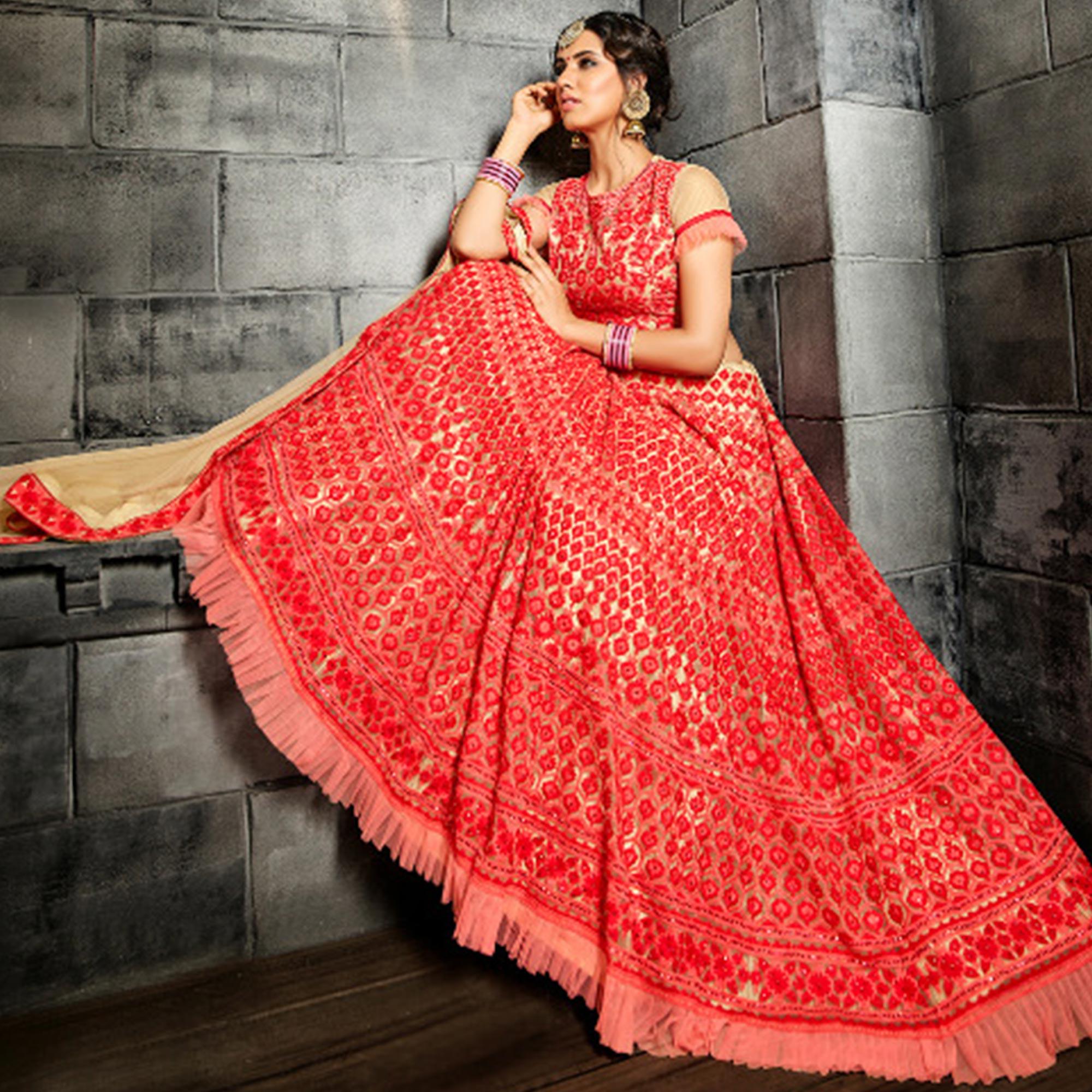 Adorning Red Colored Party Wear Embroidered Net Lehenga Choli - Peachmode