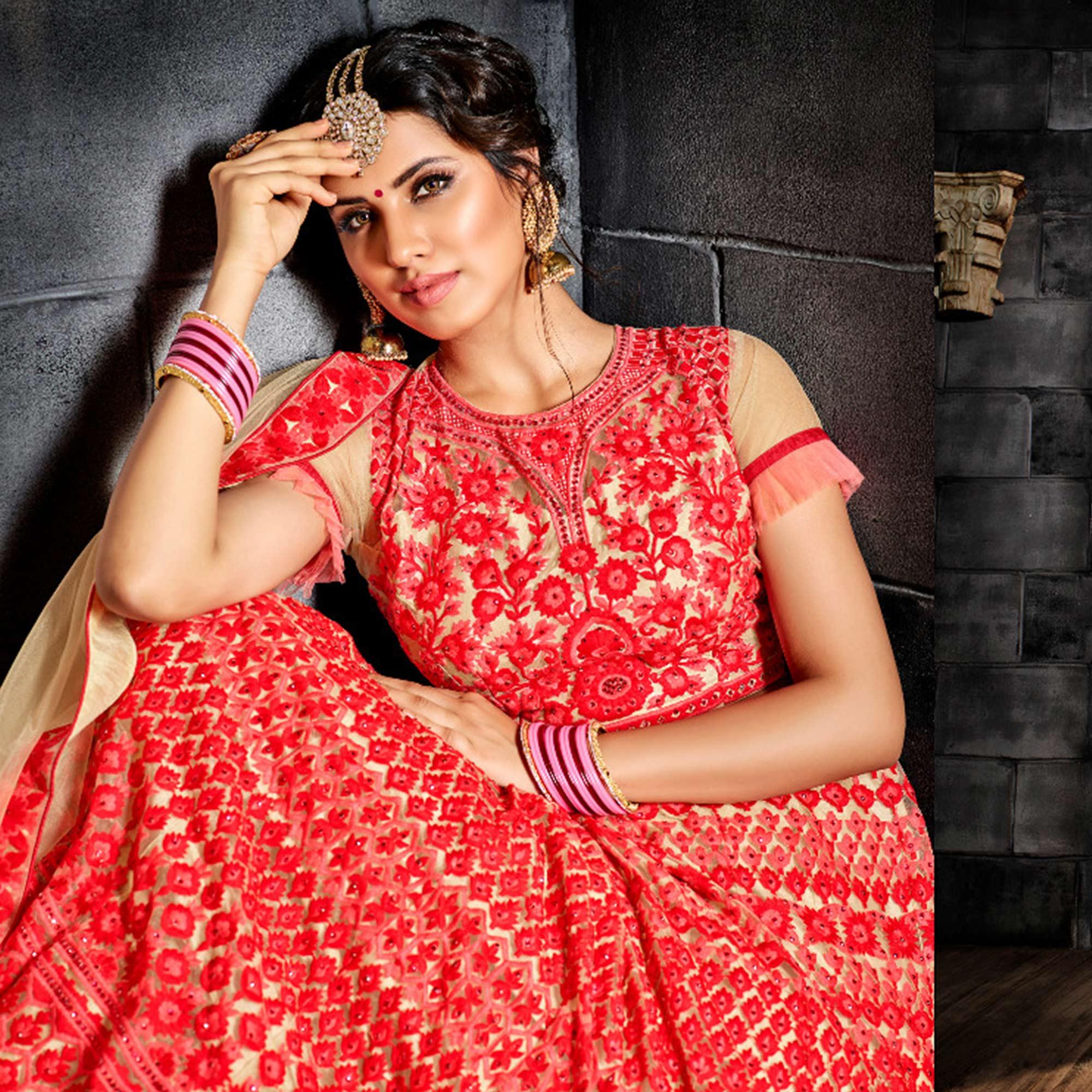 Adorning Red Colored Party Wear Embroidered Net Lehenga Choli - Peachmode
